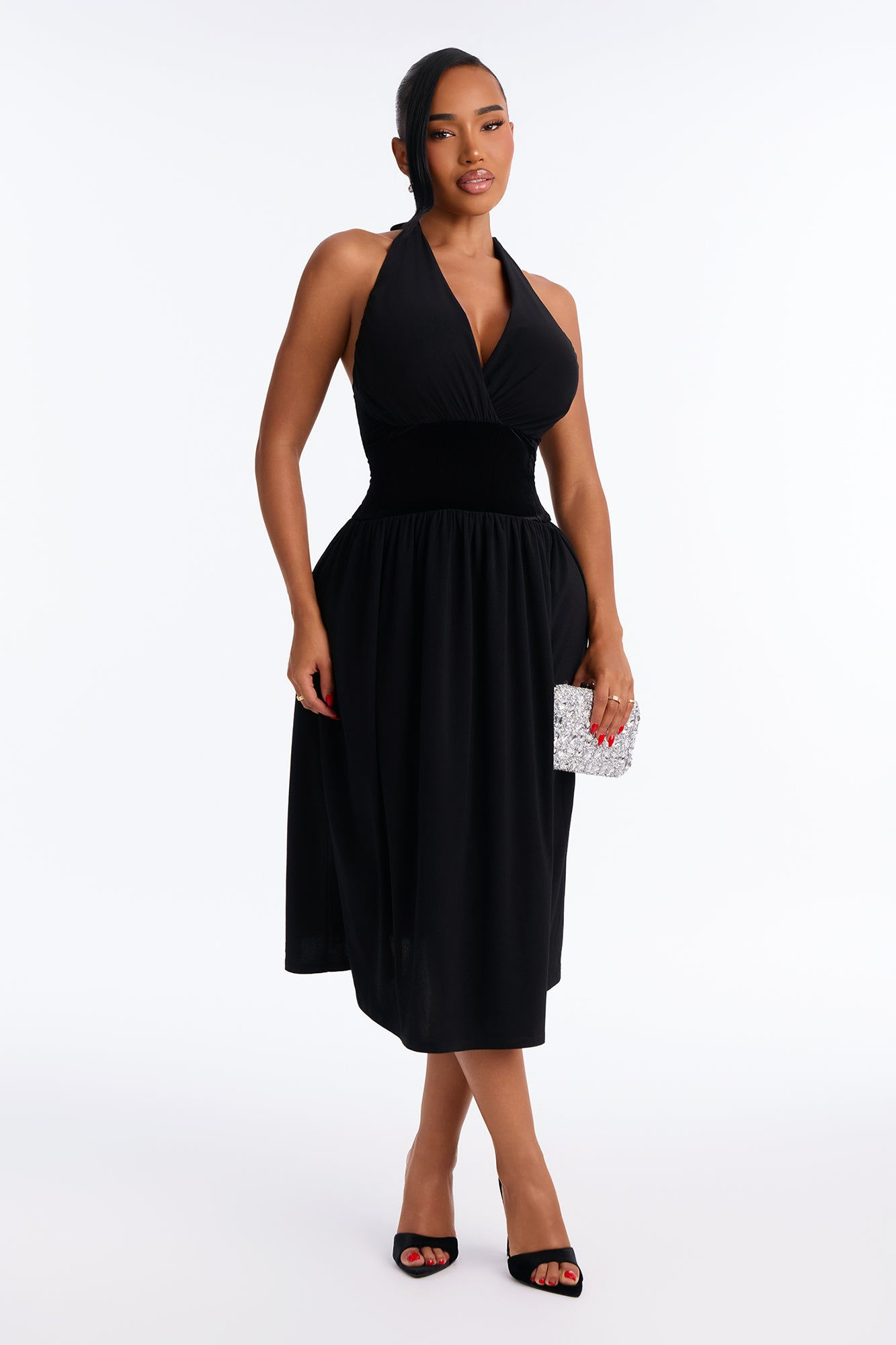 Stasi Velvet Corset Halter Midi Dress - Black
