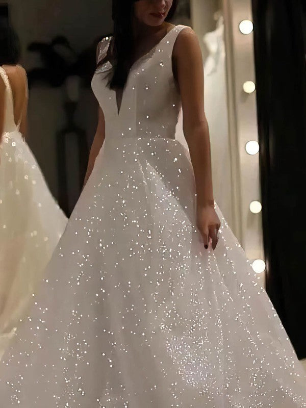 Luxurious V-Neck Sleeveless Ball Gown Sequined Sweep Train Wedding Dresses