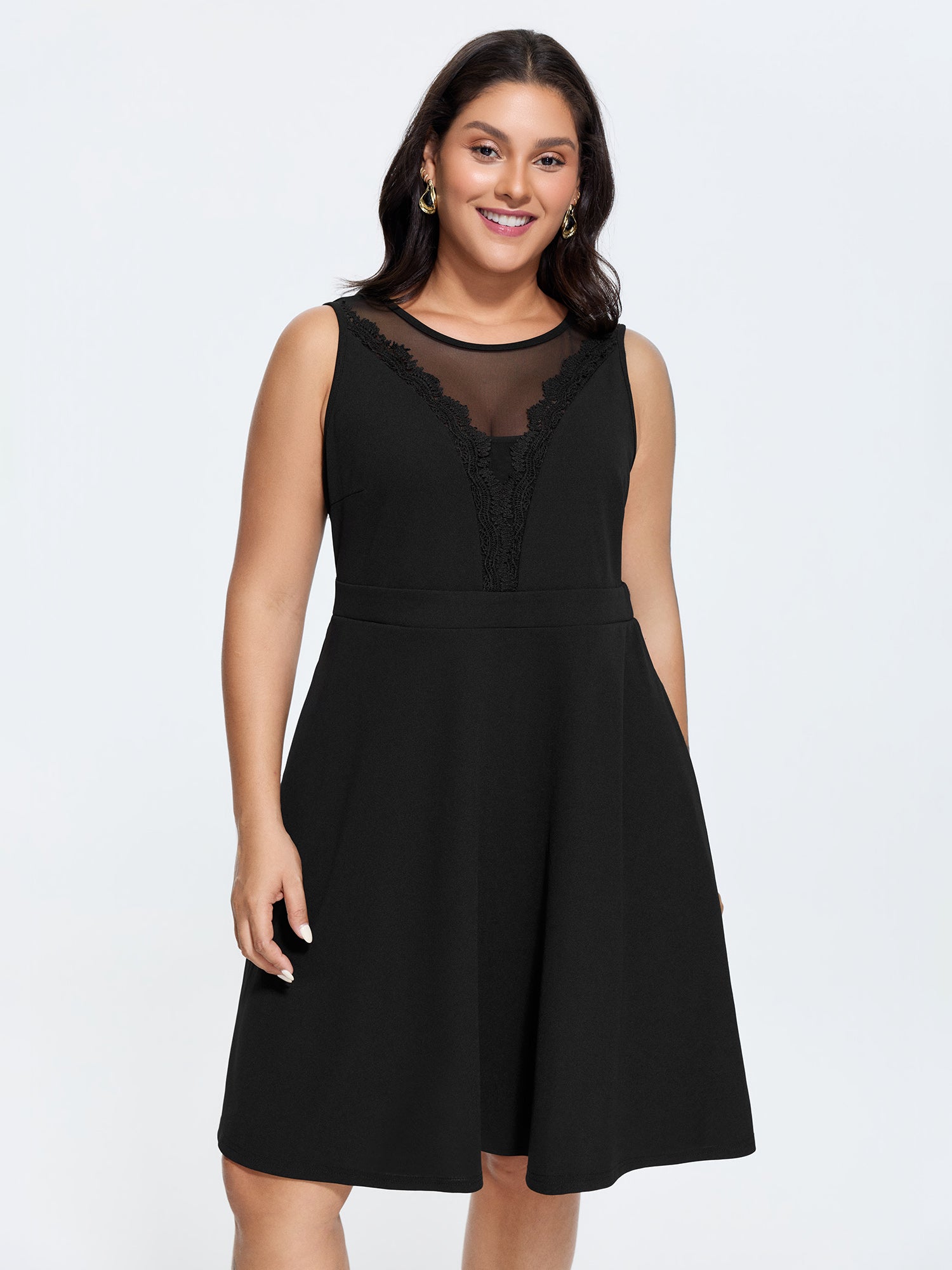 Sheer Lace Neckline Waist-Defining Mini Dress