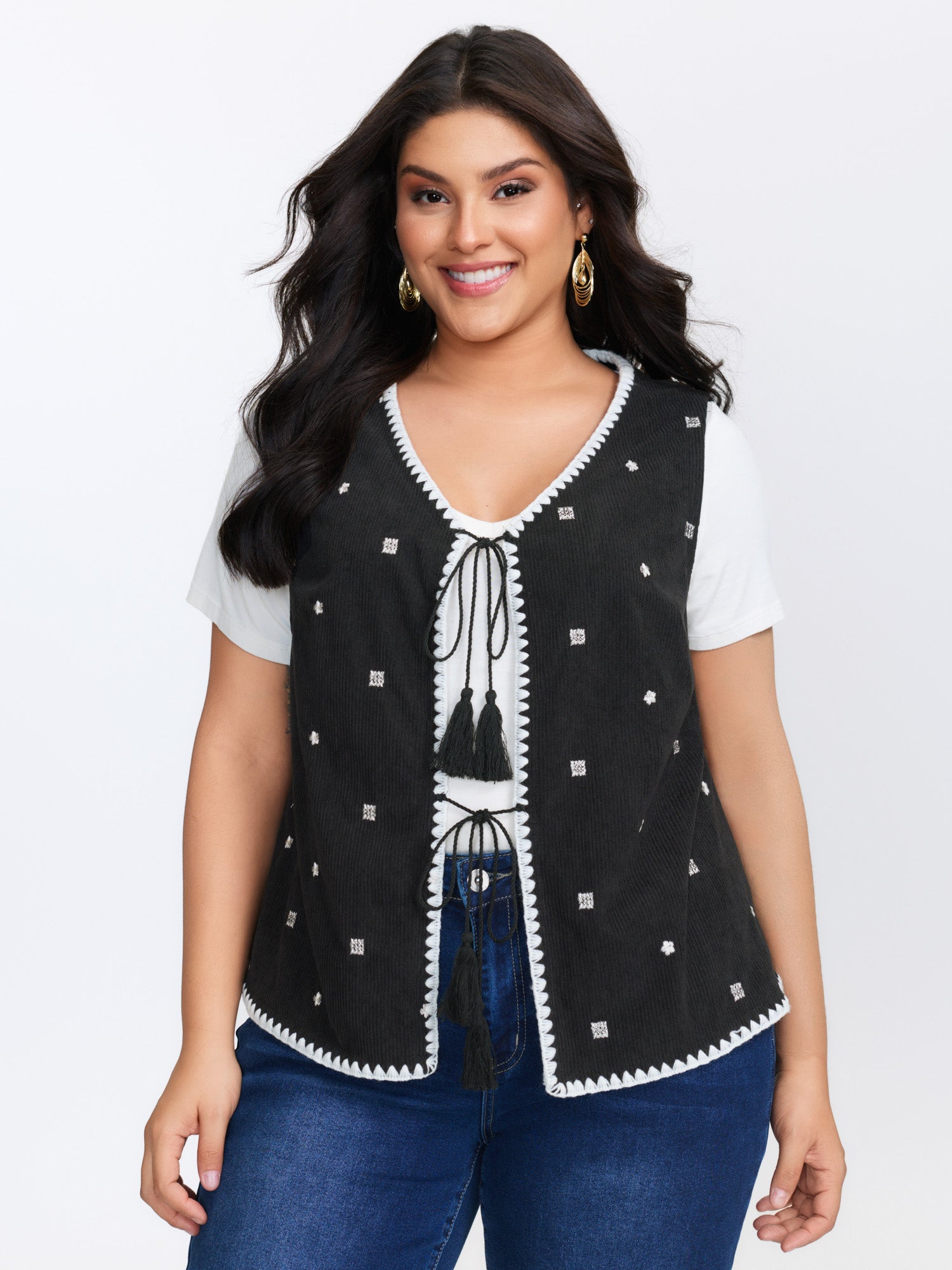 Floral Embroidered Tassel-Front Vest