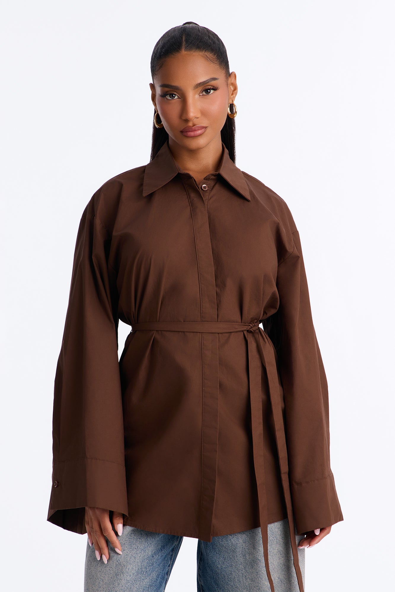 Jayna Tie Waist Button Up Tunic Shirt - Chocolate
