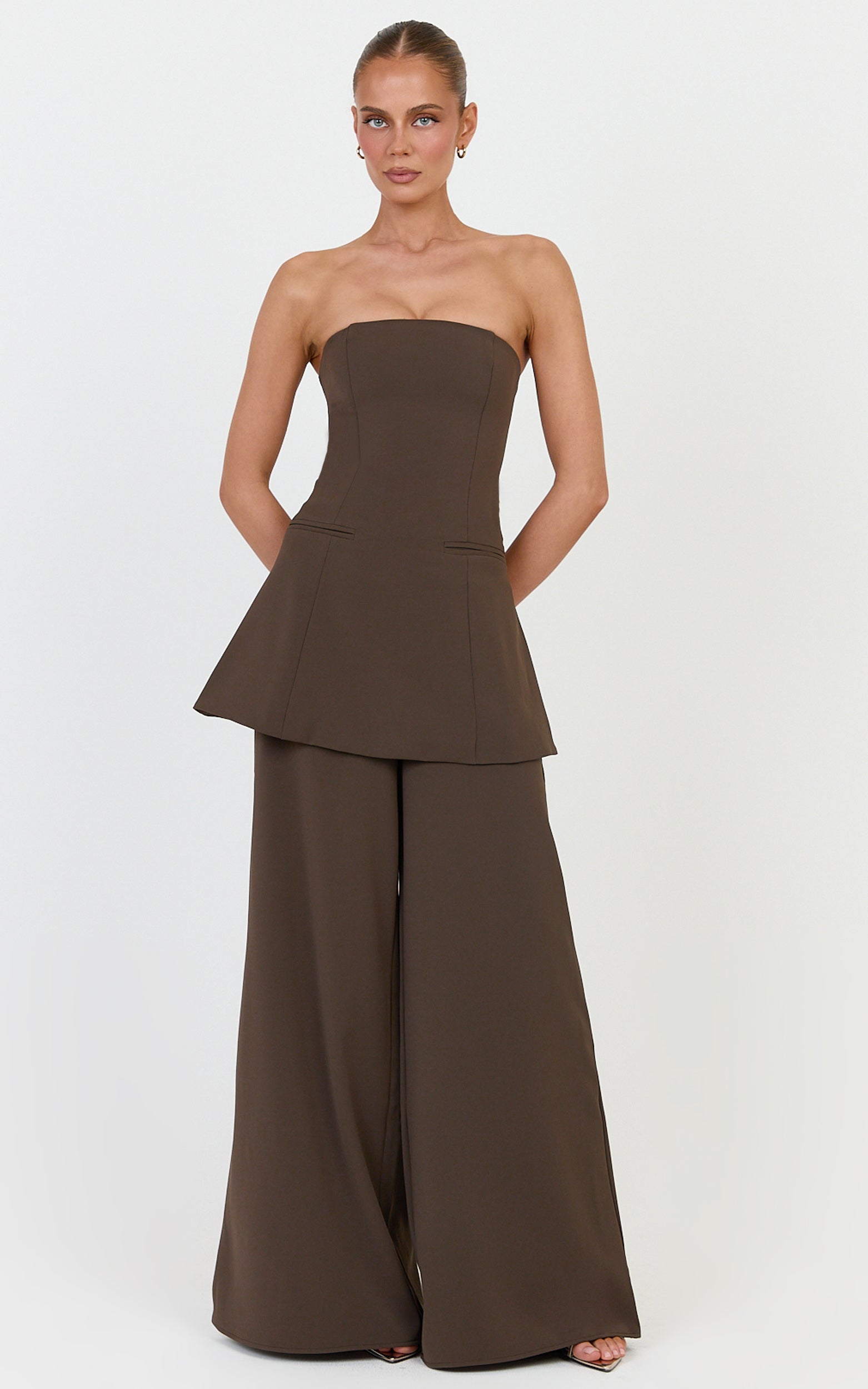 Jane Two Piece Top and Pants Set - Strapless Longline Top and Wide Leg Pants Set in Dark Chocolate