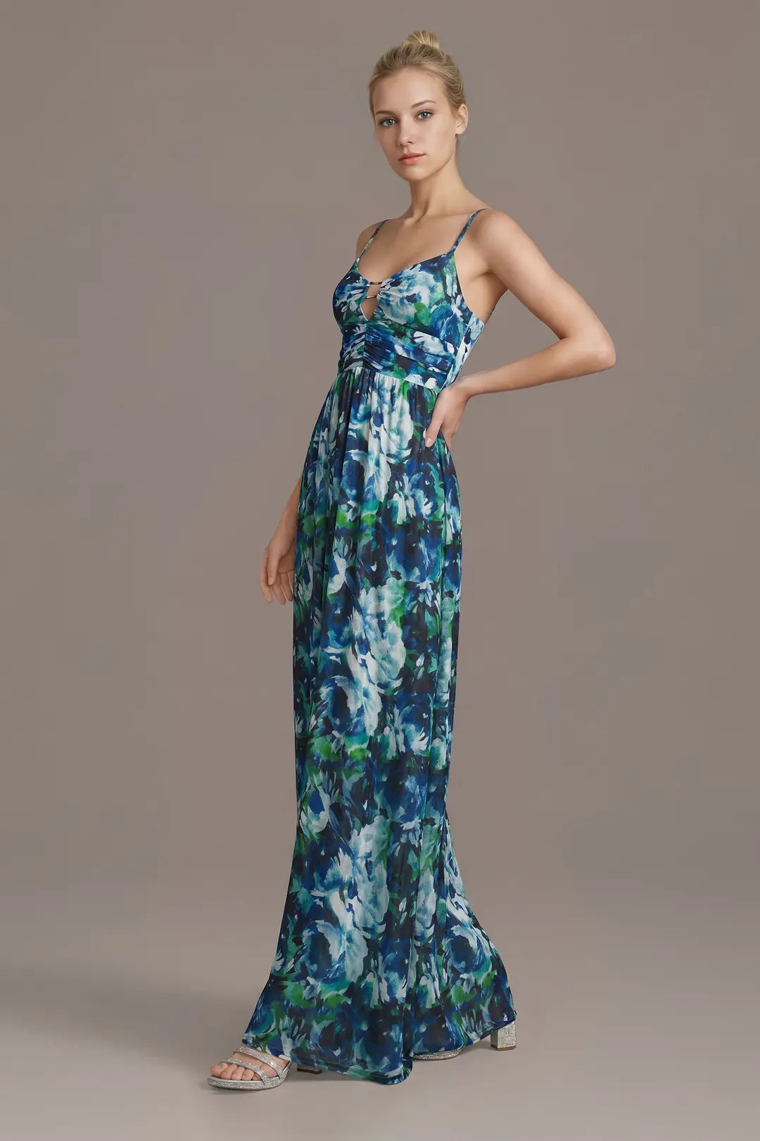 Floral Mesh V-Neck Spaghetti Strap A-Line Dress