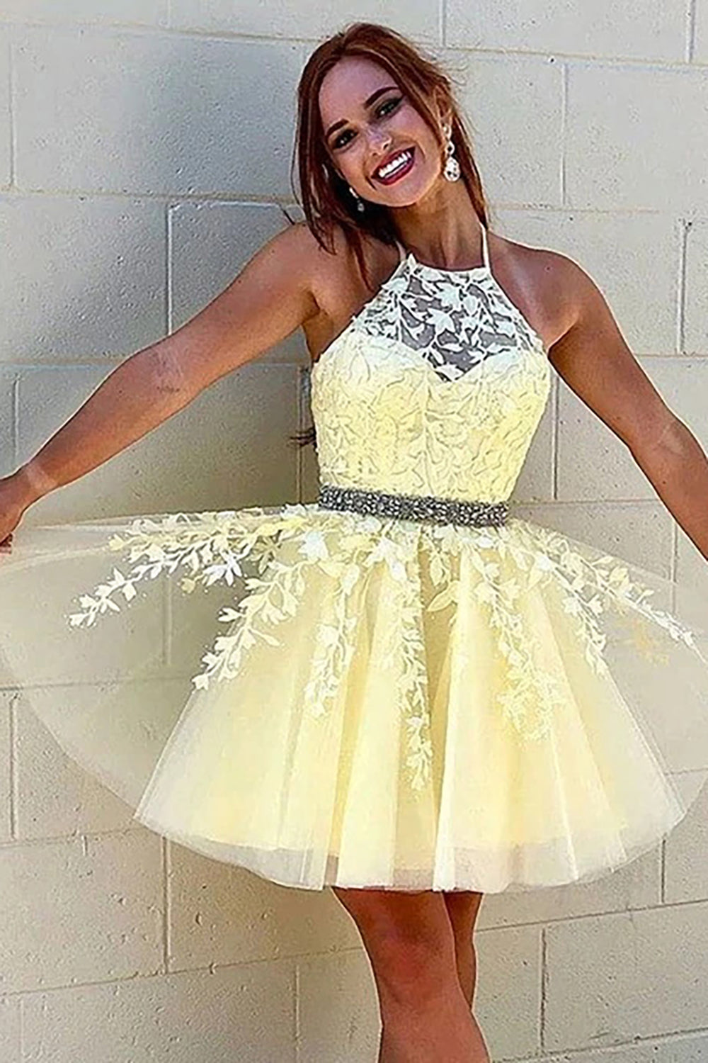Yellow A Line Halter Backless Homecoming Dress/Mini Dress