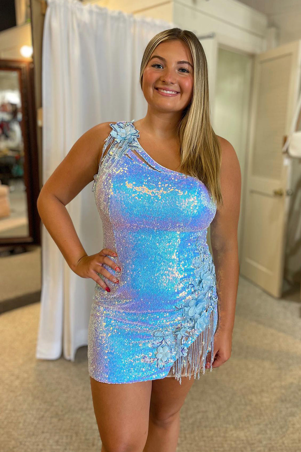 Sparkly Light Blue Sequin Fringed Floral Tight Short Homecoming Dress/Mini Dress