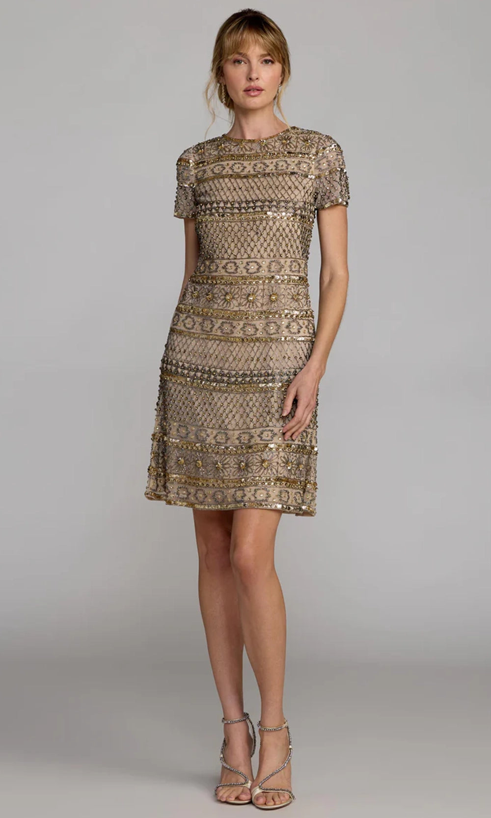 Mac Duggal 10113 - Short Sleeve Geometric Beadwork Cocktail Dress