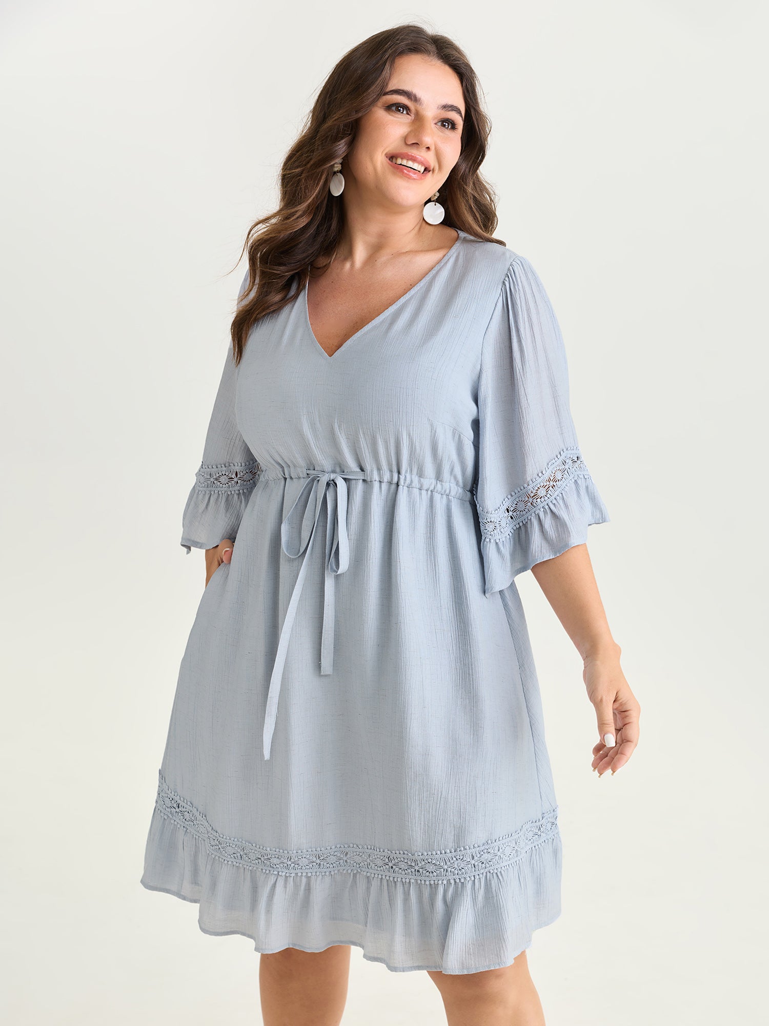 Lace Trim Adjustable Drawstring Waist Mini Dress