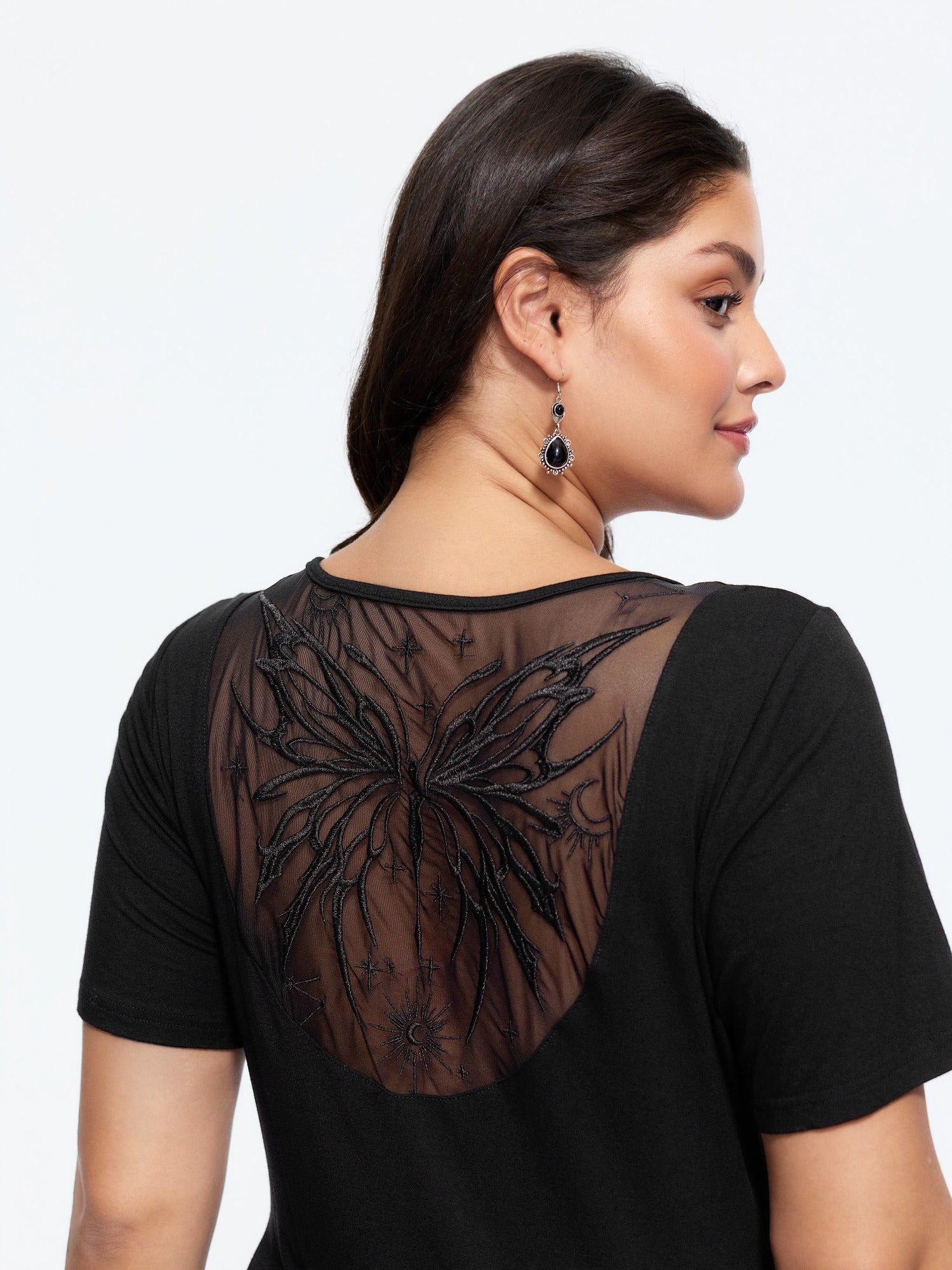 Sheer Mesh Back Butterfly Embroidery T-Shirt