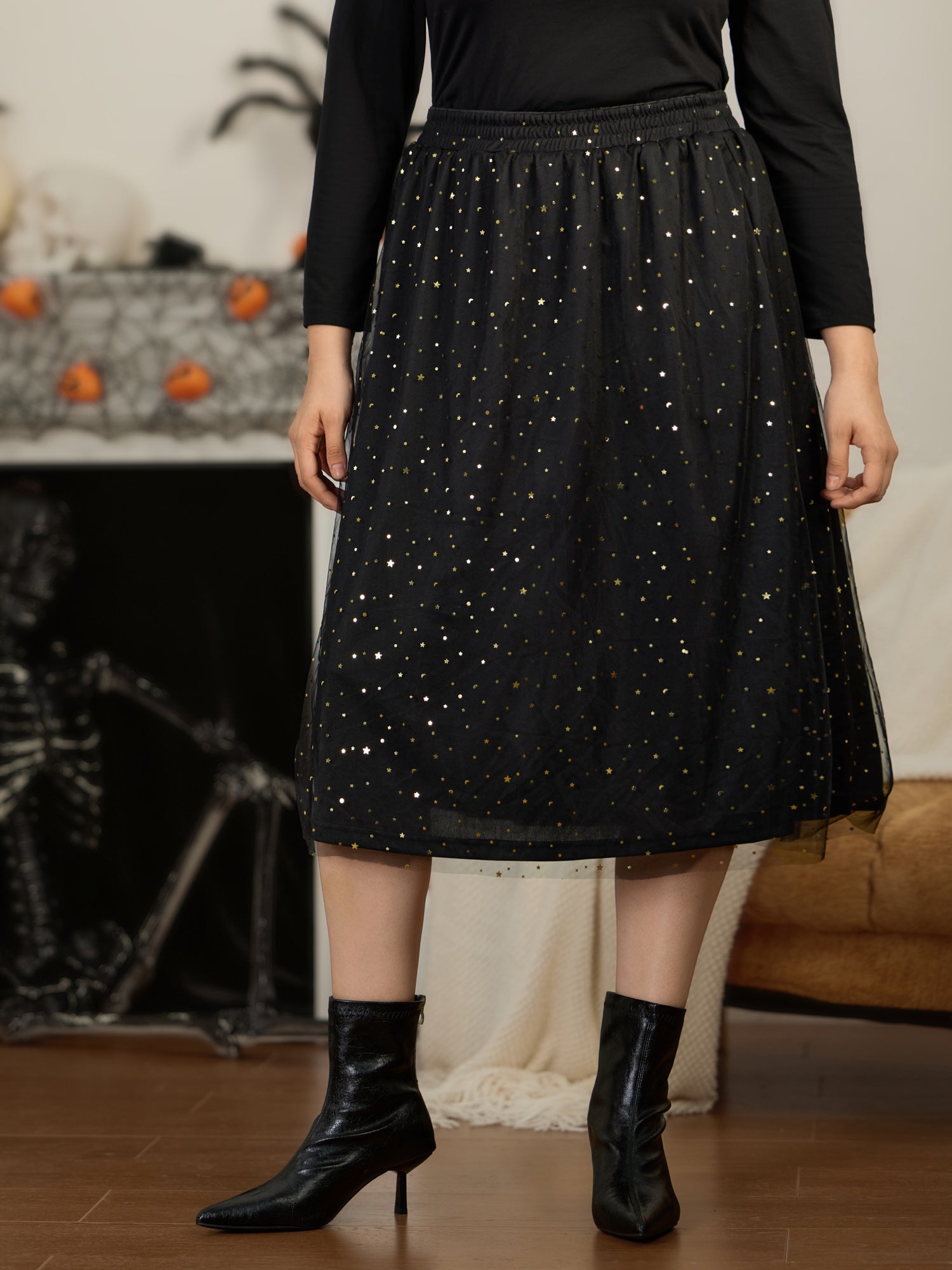 Star Print Layered Sheer Mesh Midi Skirt