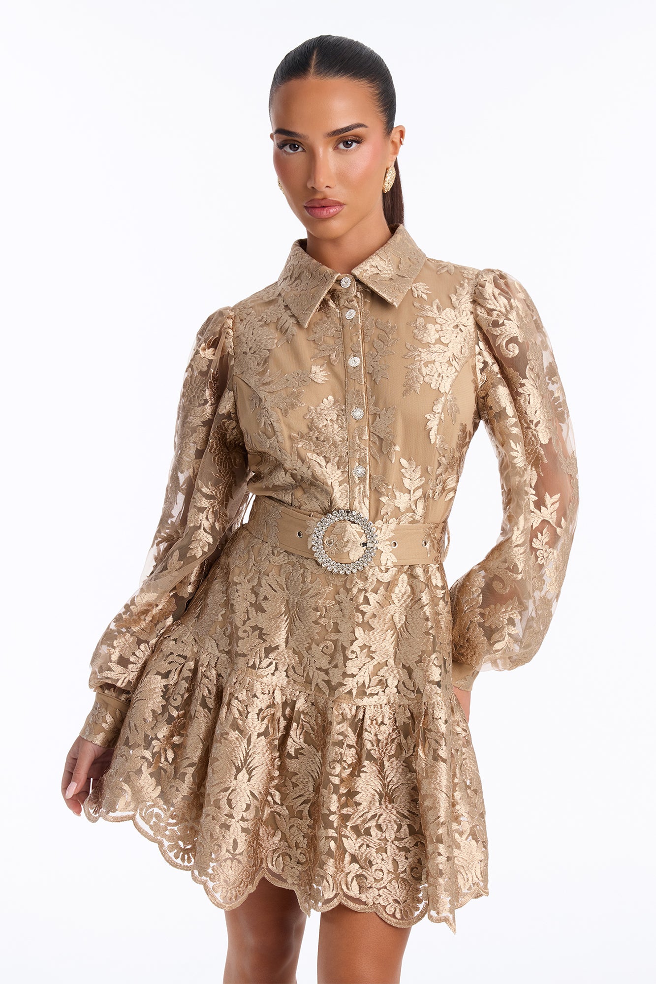 Classic Romance Belted Lace Mini Dress - Mocha