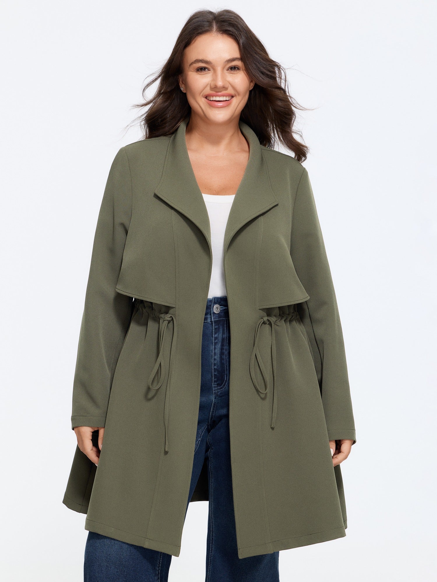Drawstring Waist Pocket Open Front Jacket