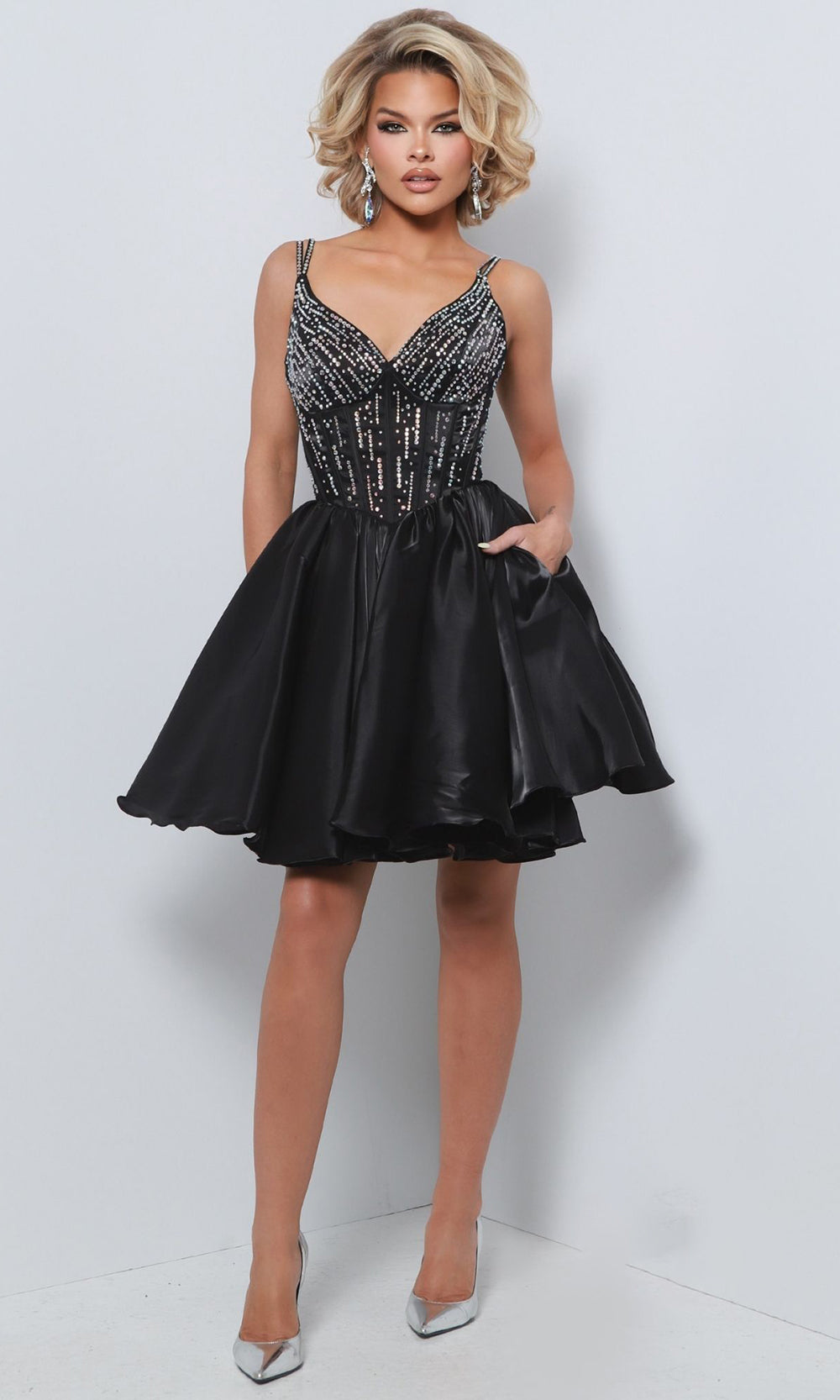 Johnathan Kayne 3129 - Beaded Corset Flared Mini Dress