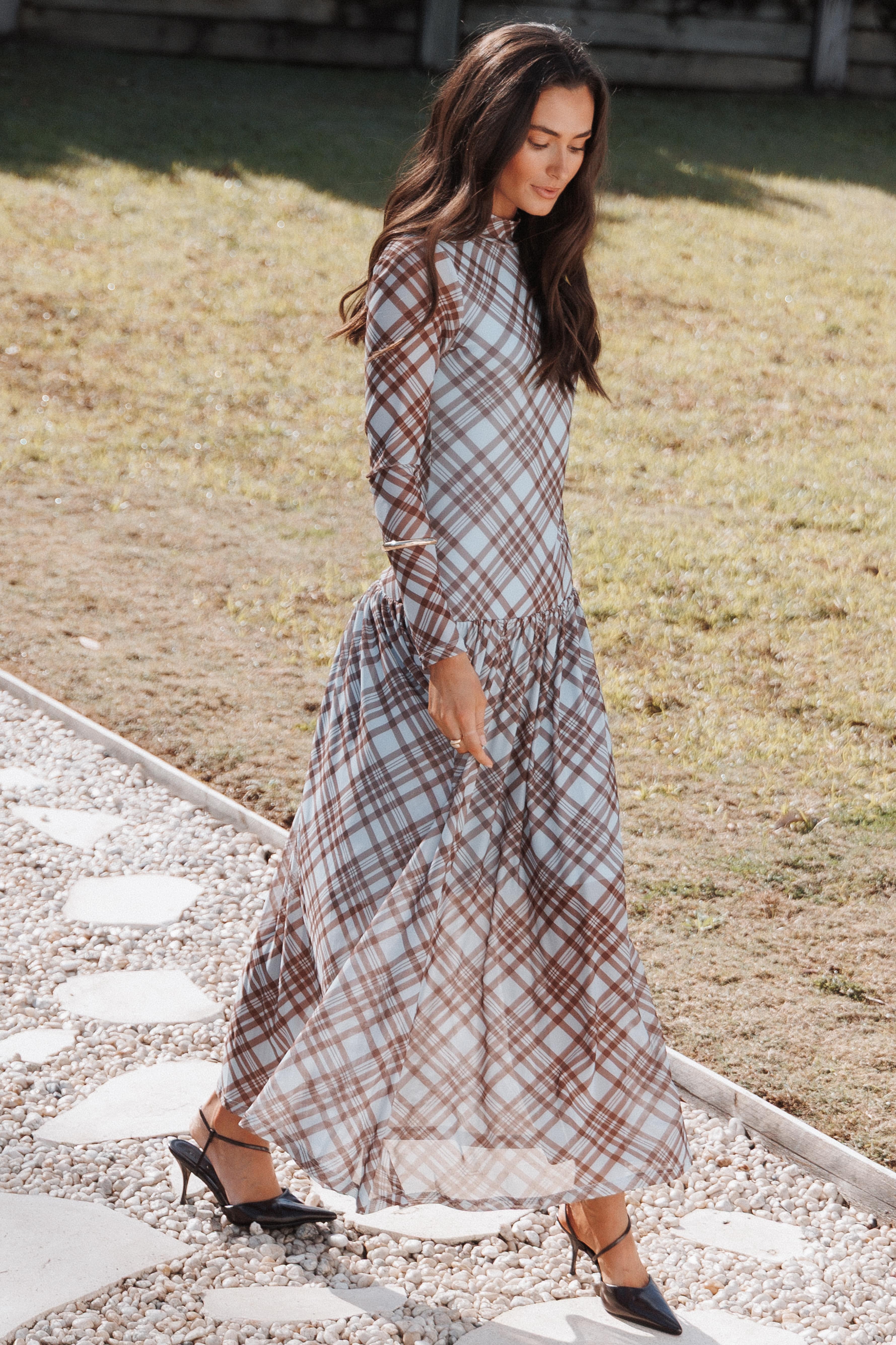 Odilia Long Sleeve Mesh Maxi Dress - Blue Plaid
