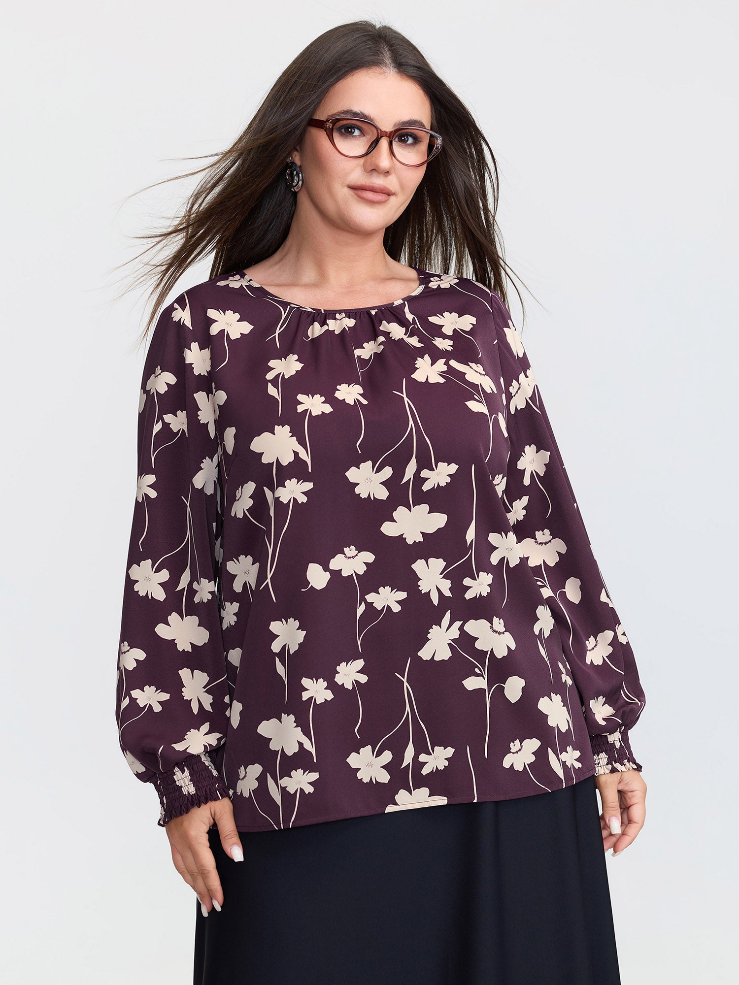 Floral Print Shirred Cuff Sleeve Blouse