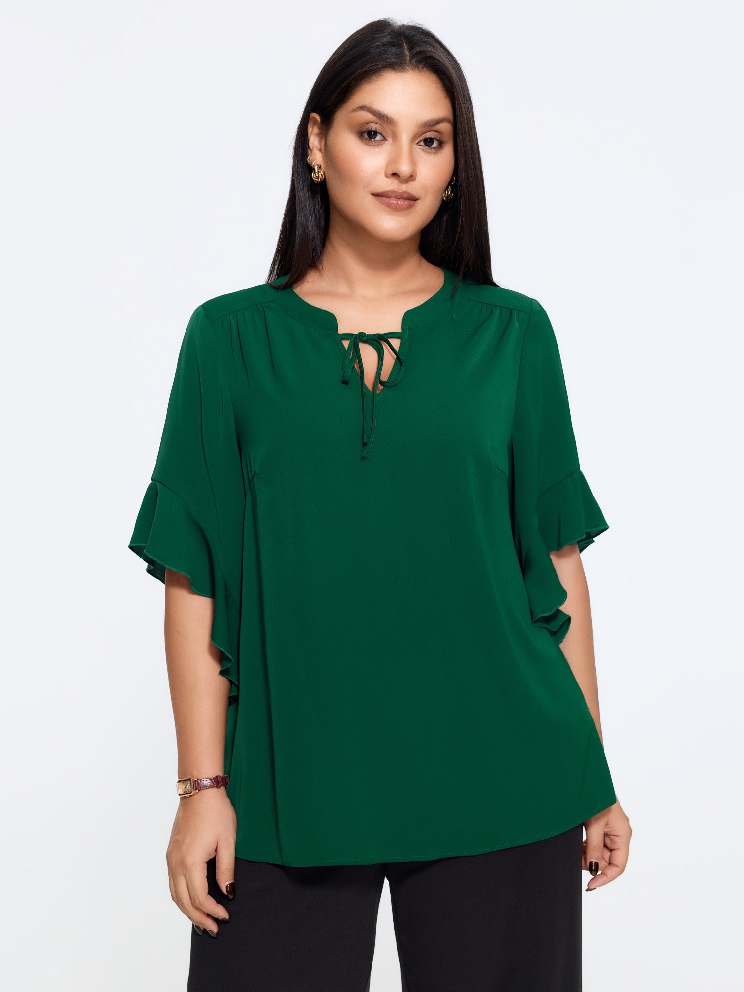 Tie Neck Ruffle Sleeve Blouse