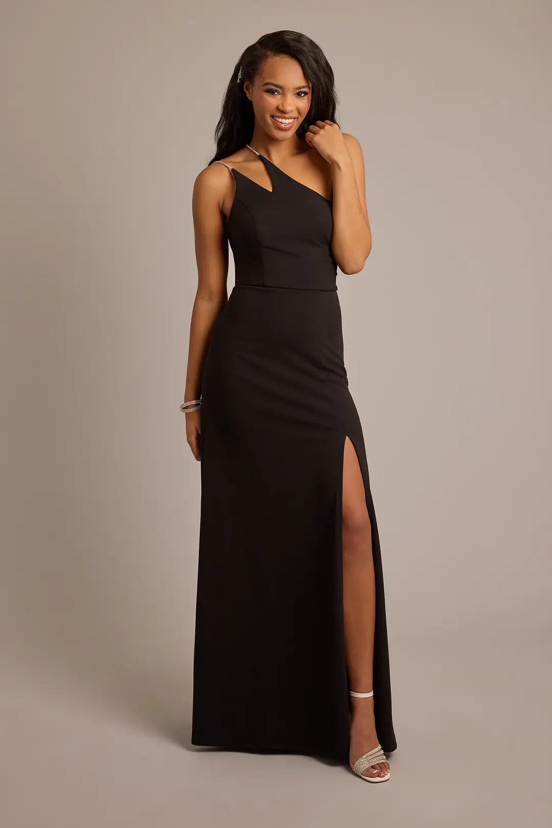 Crystal One-Shoulder Crepe A-Line Dress