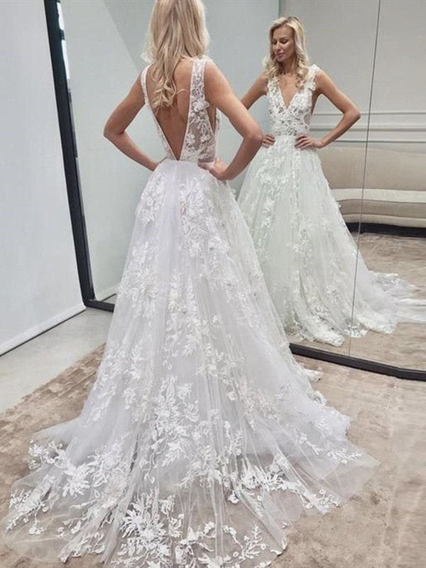 Beautiful V-Neck Backless A-Line Lace Wedding Dresses with Appliques