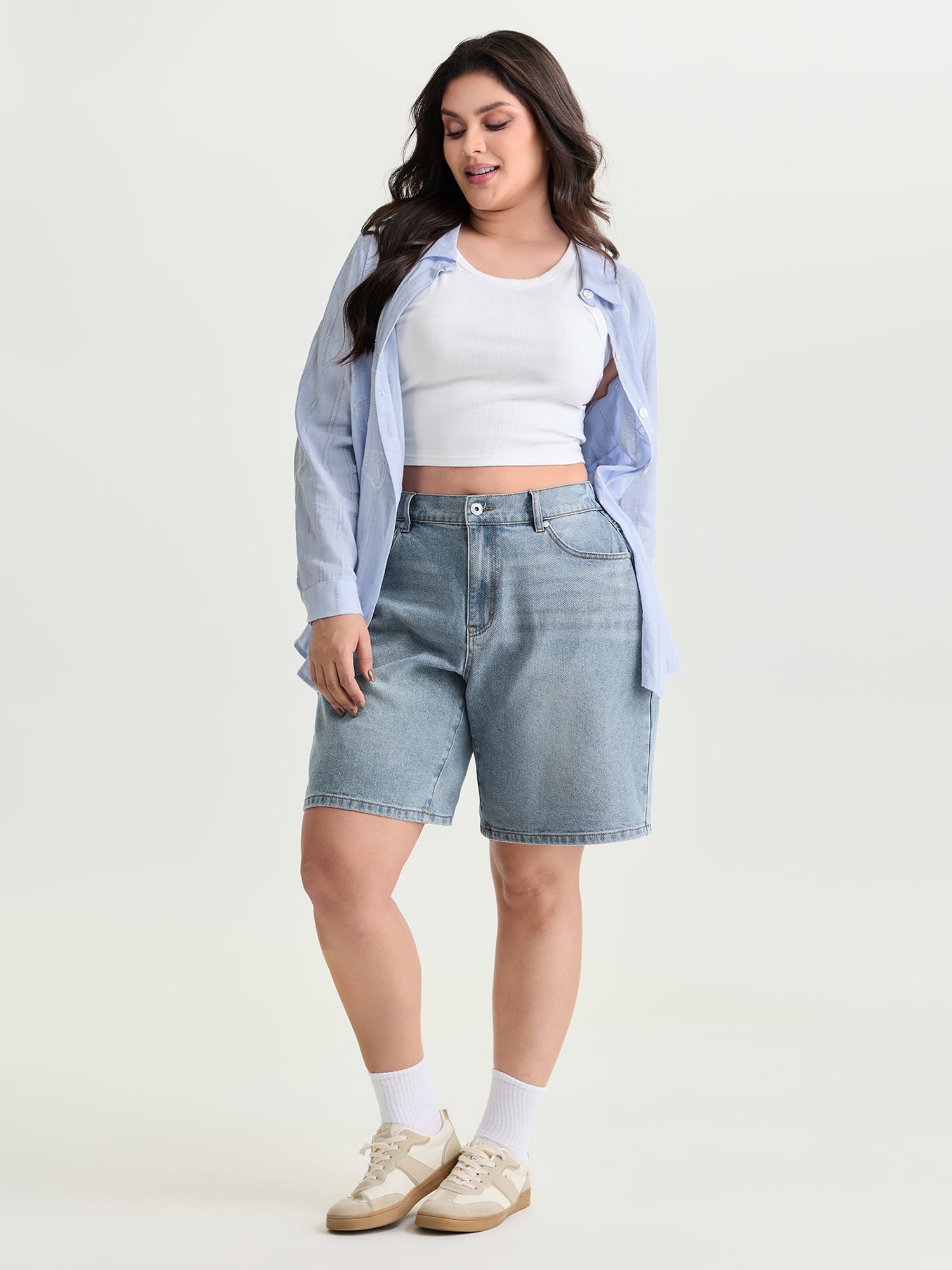 Stretchy Waist Faded Bermuda Denim Shorts