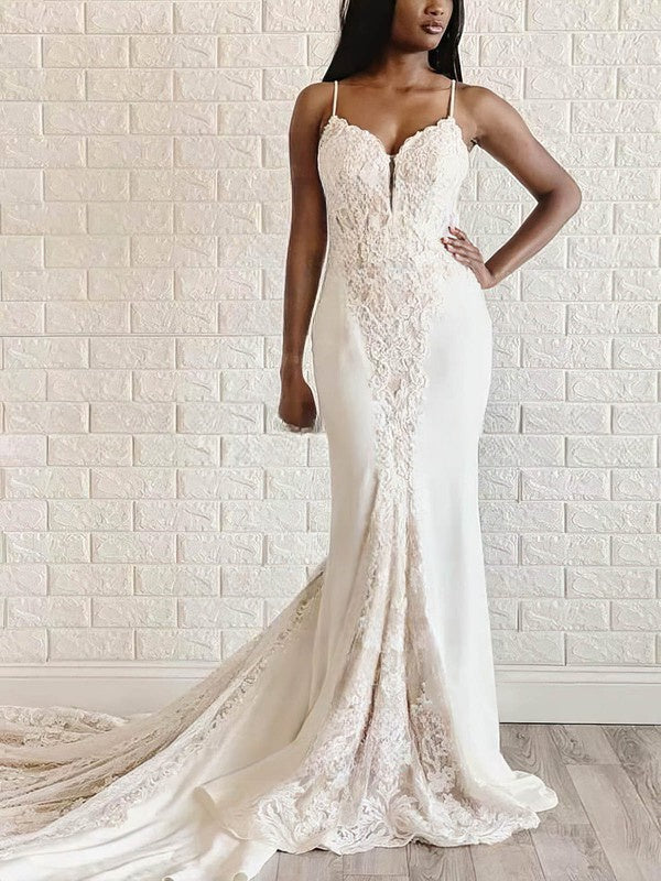 Glamorous Mermaid Sweetheart Backless Stretch Satin Lace Chapel Train Wedding Dresses