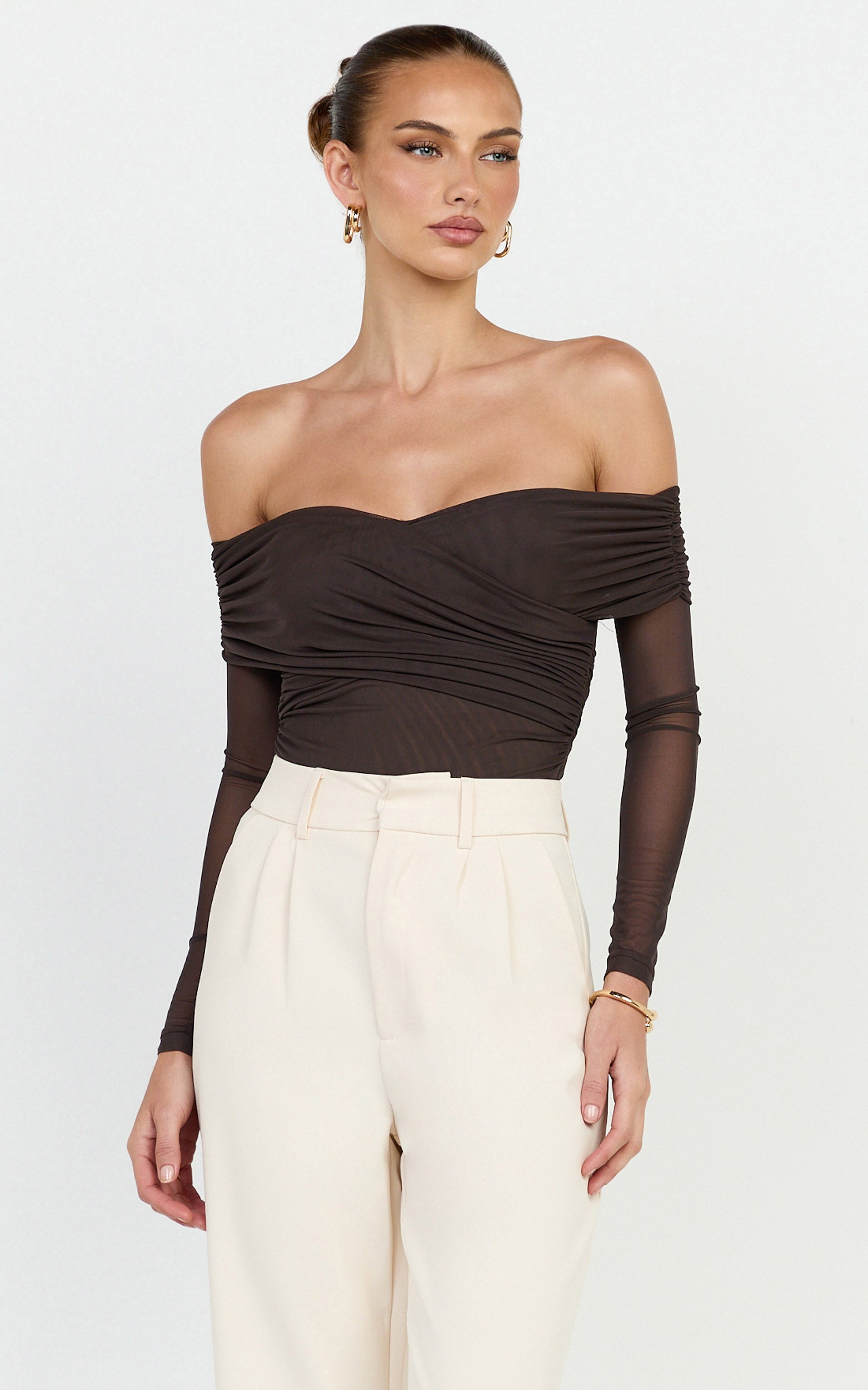 Opal Bodysuit - Long Sleeve Wrapped Off Shoulder Bodysuit in Chocolate