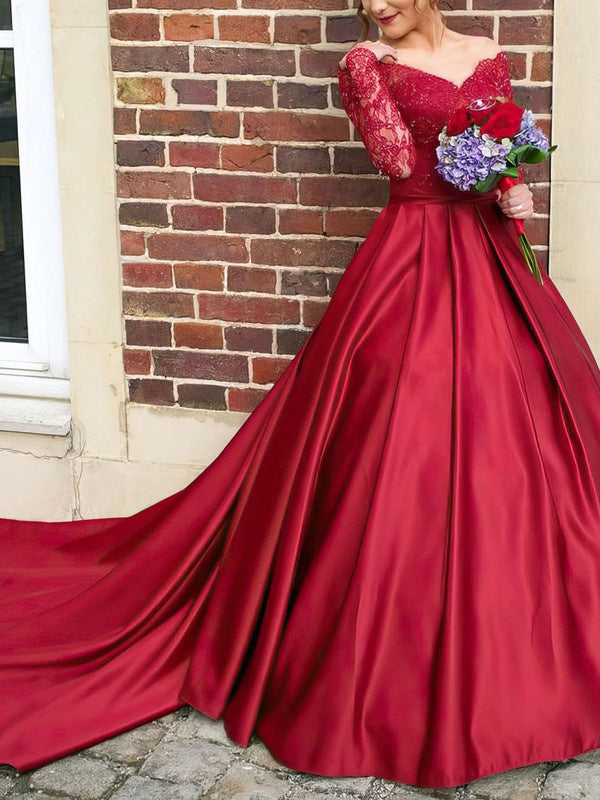 Deluxe V-Neck Off-The-Shoulder Long Sleeves Lace Satin Wedding Dresses with Court Train