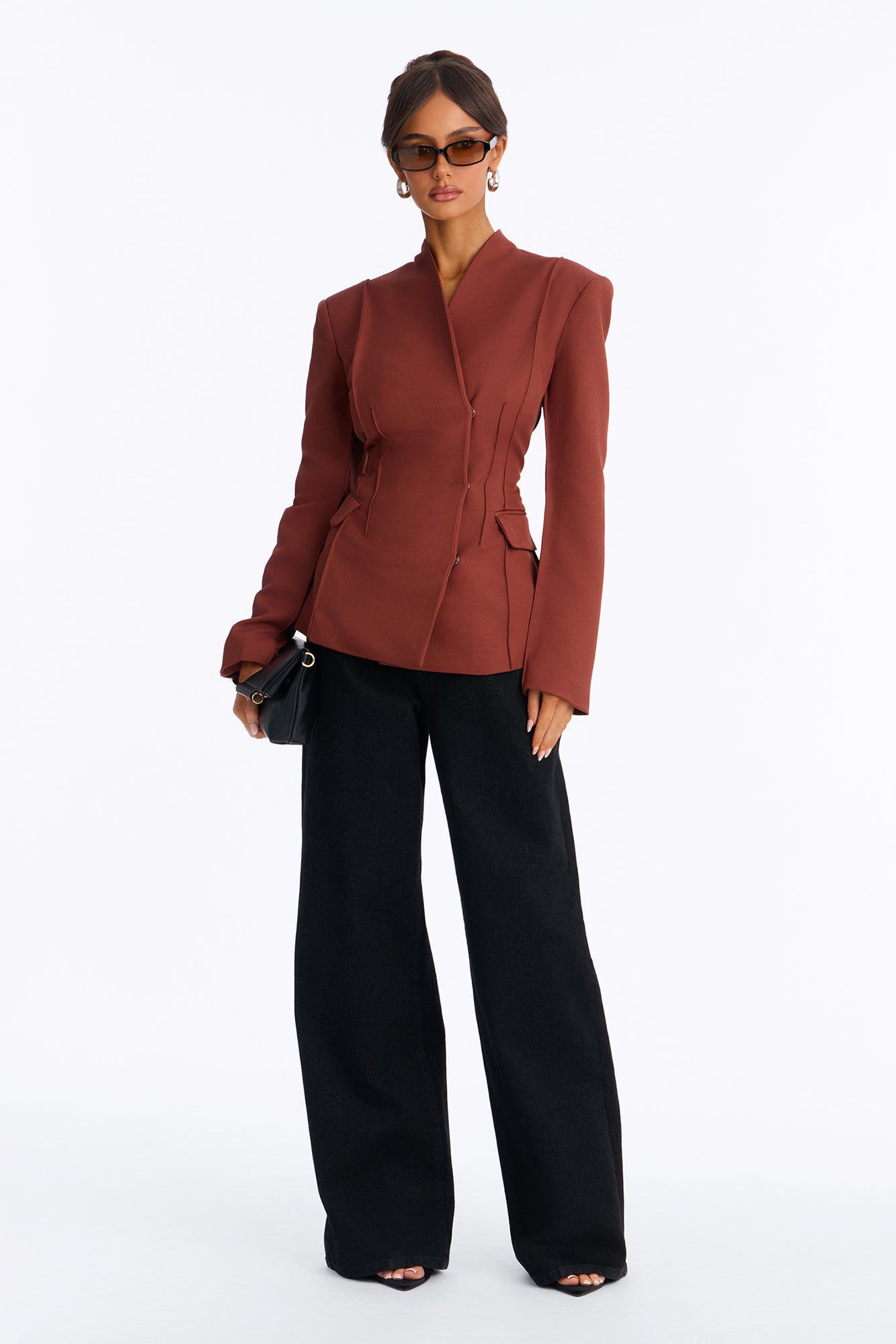 Carrie Fitted V-Neck Seamed Blazer - Terracotta