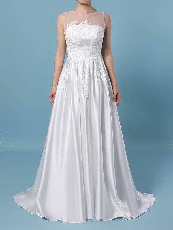 Elegant Crew Sleeveless Ball Gown Satin Lace Wedding Dresses with Sweep Train