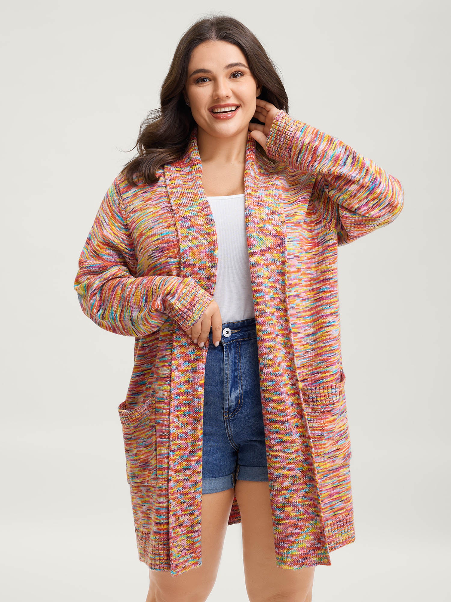 Lapel Collar Pockets Heather Knit Cardigan