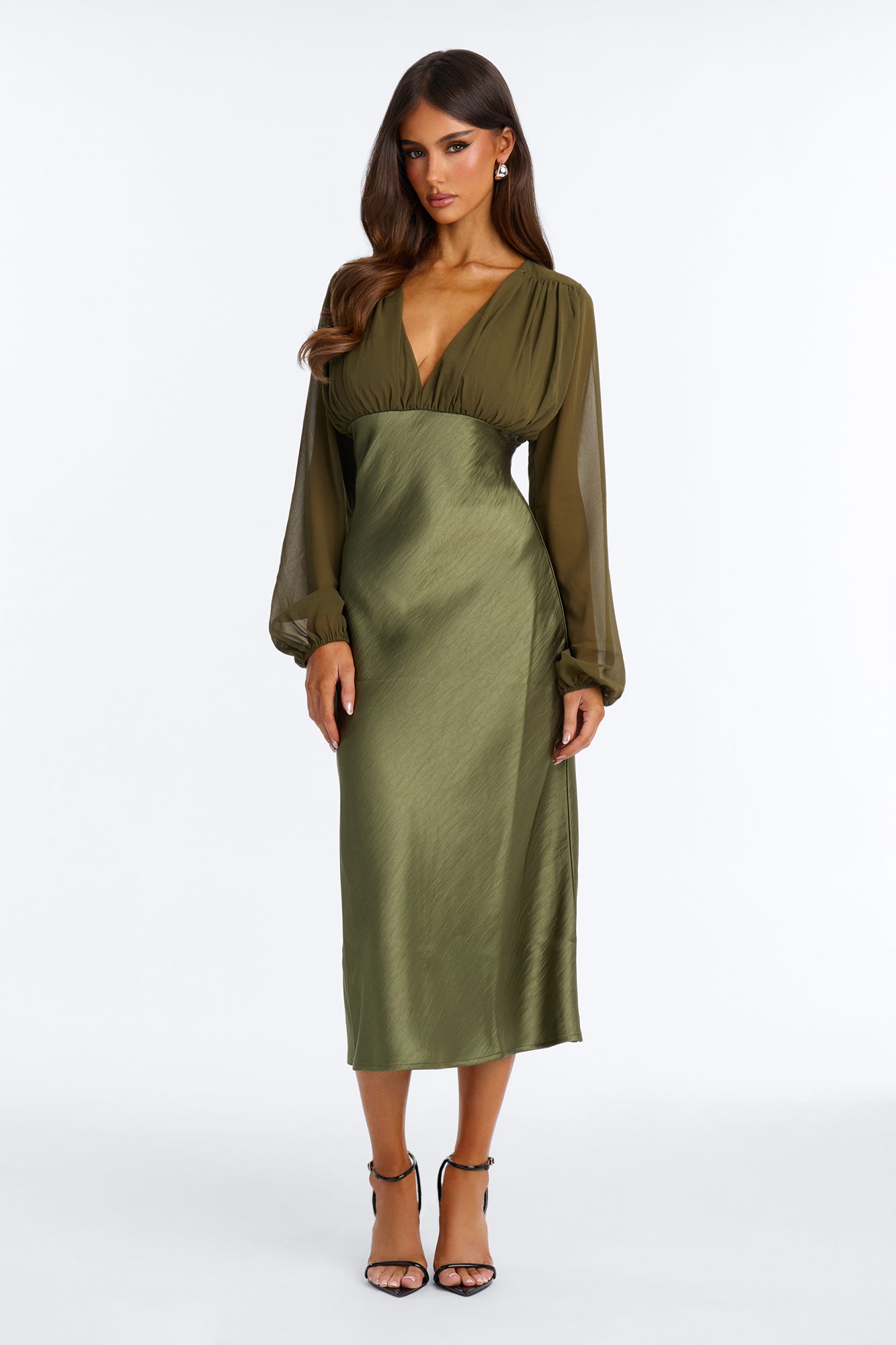 Gemini Girly Satin Long Sleeve Midi Dress - Olive