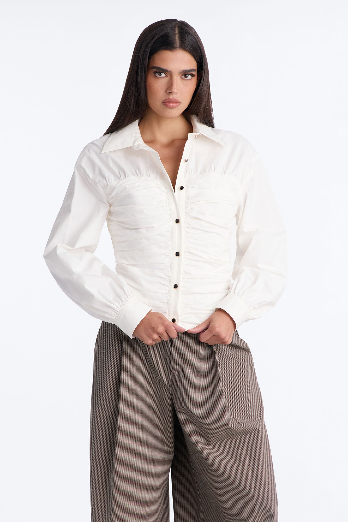 Properly Polished Poplin Collared Long Sleeve Top - White