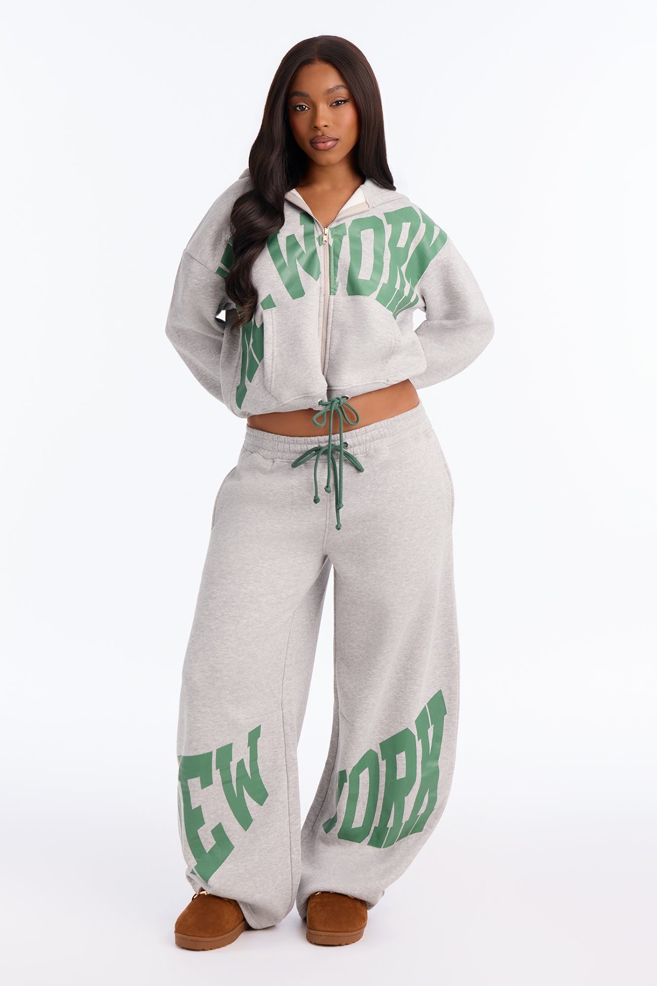 New York Lifestyle Fleece Barrel Pant Set - Heather Grey