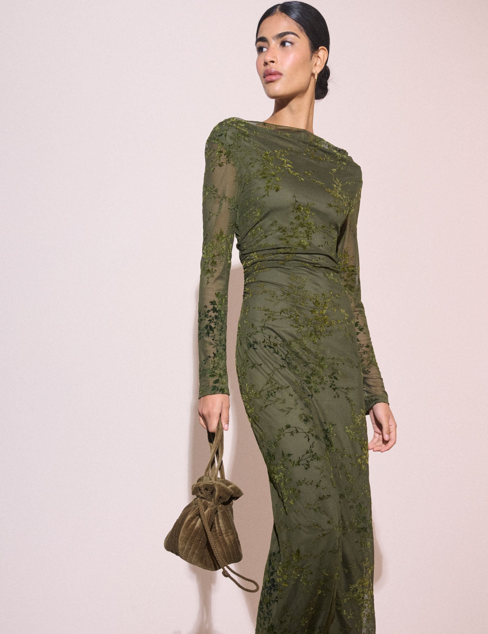 Olive Green Floral Mesh Lana Midi Dress