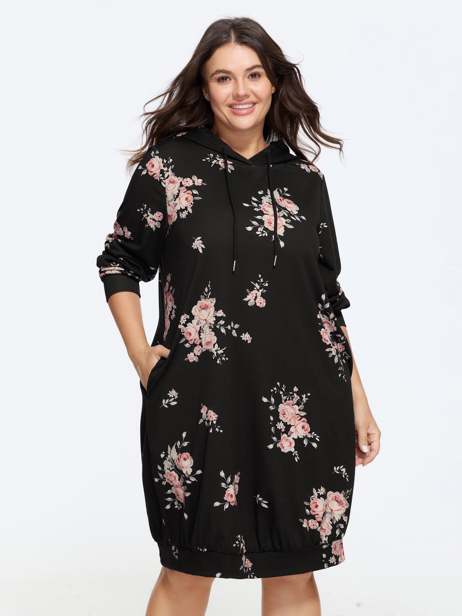 Stretchy Floral Print Drawstring Hooded Mini Dress