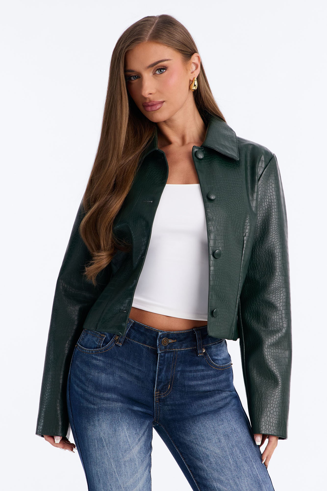 Gina Croc Faux Leather Jacket - Hunter