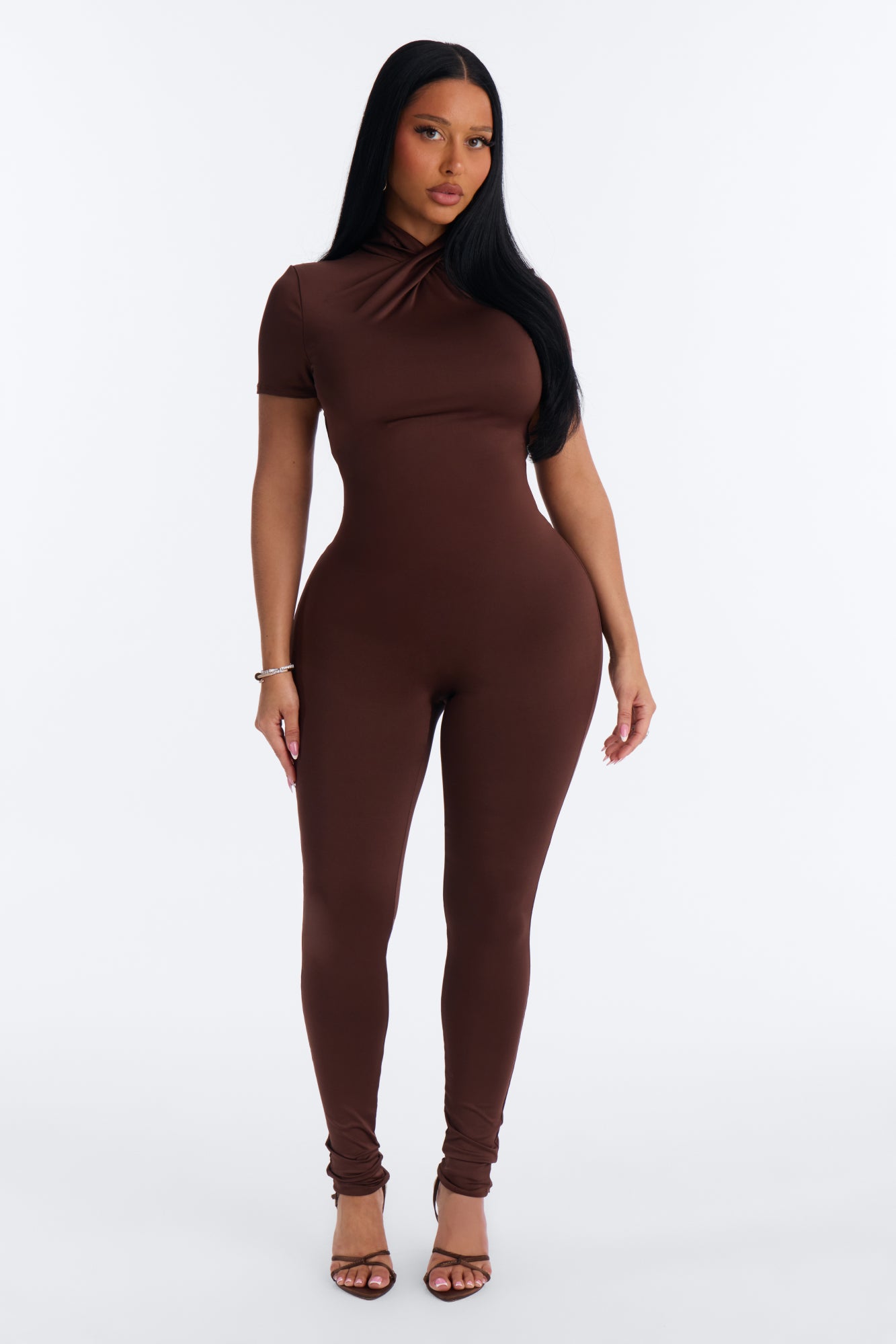 Nina Mock Neck Skinny Jumpsuit - Chocolate