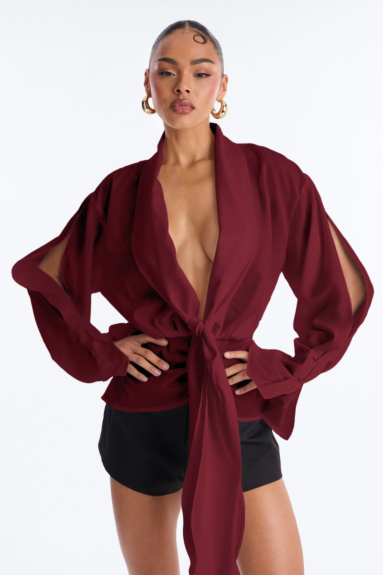 Just Like That Ruched V Neck Chiffon Blouse - Burgundy