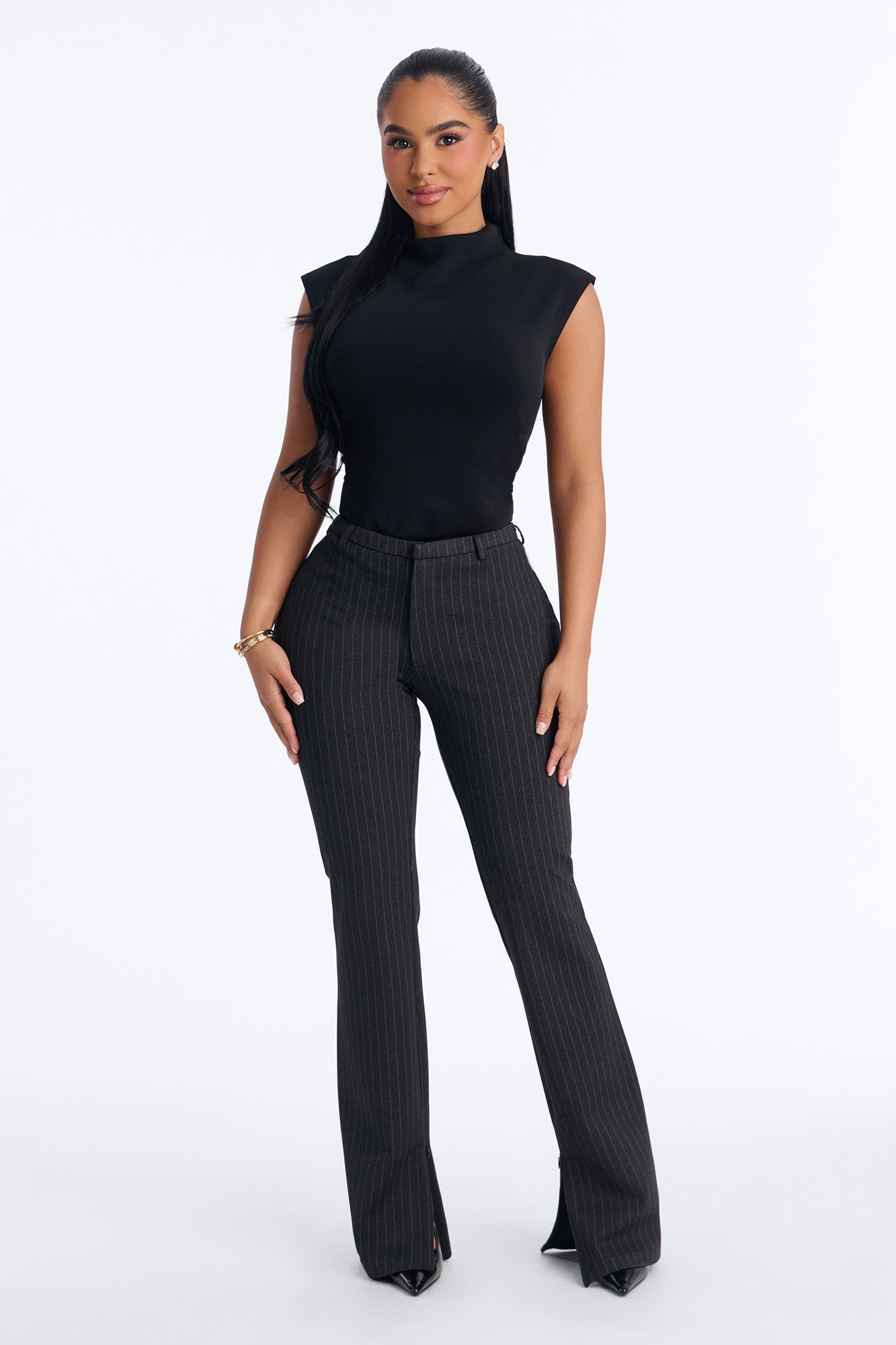 Bossed Up Pinstripe Split Hem Skinny Pant - Charcoal