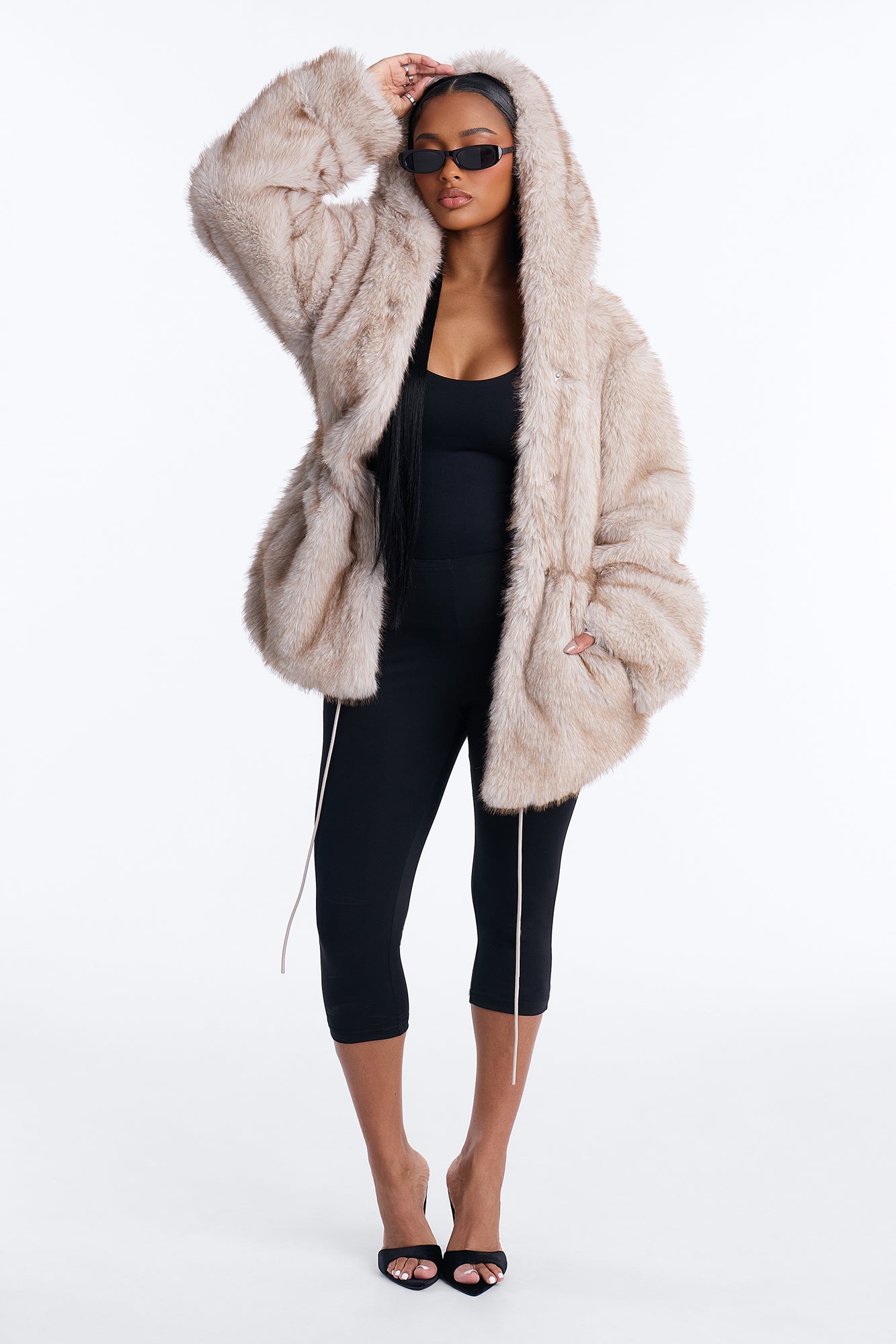 Getting Chilly Faux Fur Cinched Waist Coat - Beige