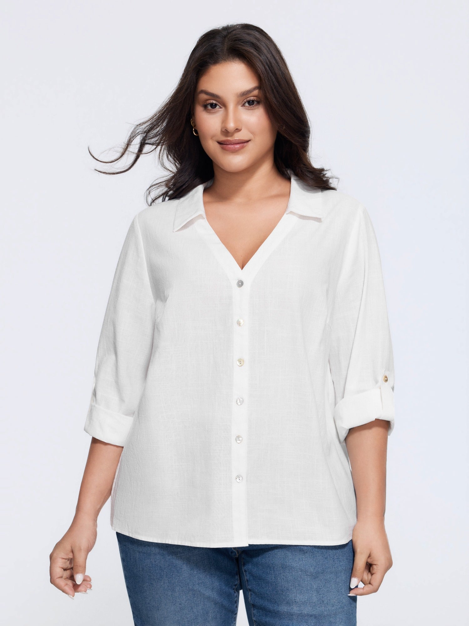 Cotton Collared V‑Neck Tab Sleeve Shirt