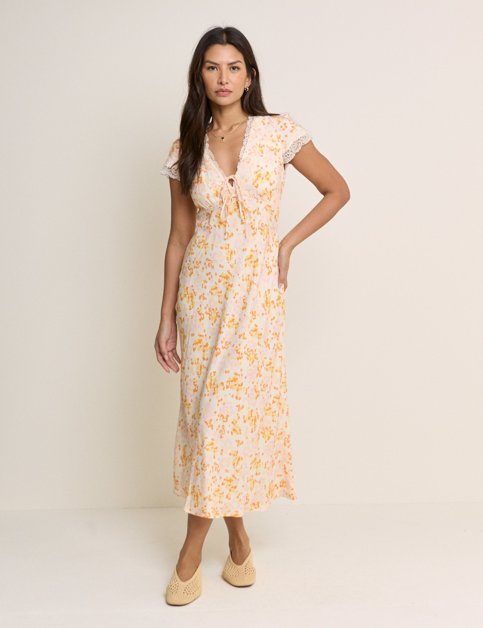 Orange Floral Lace Trim Aida Midi Dress