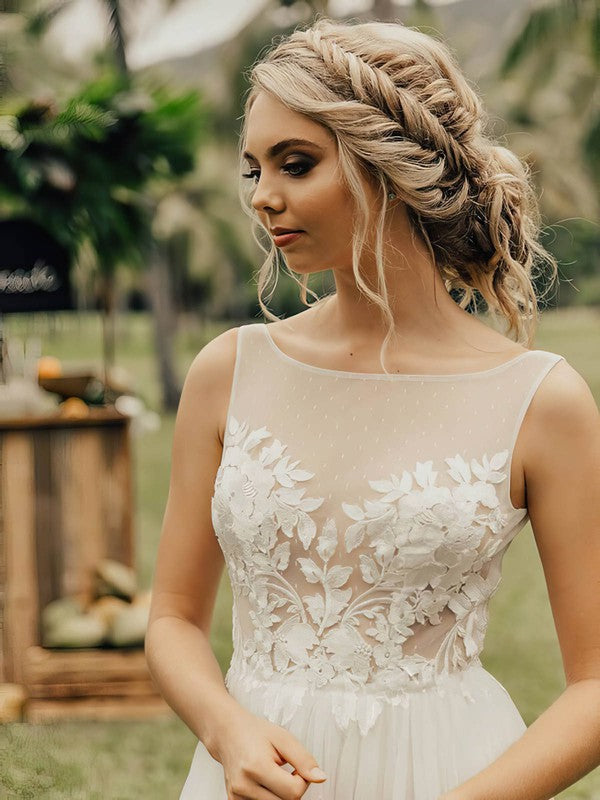 Chic A-Line Sleeveless Backless Tulle Wedding Dresses with Sweep Train