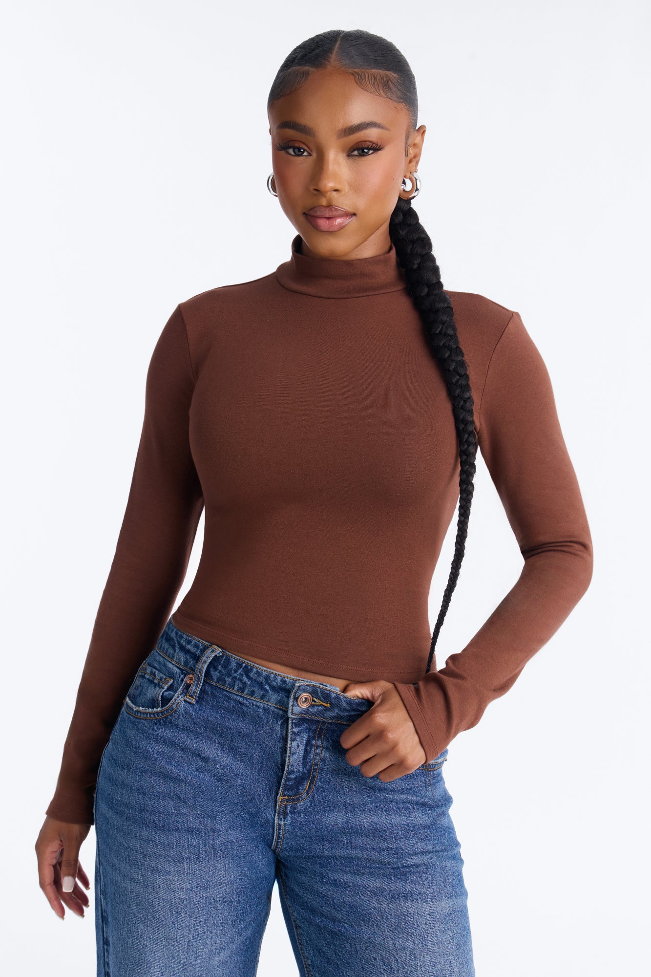 Mary Mock Neck Cotton Blend Long Sleeve Top - Coco