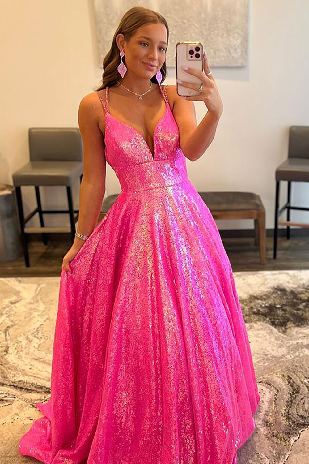 Long Prom Dress with Fuchsia Glitter Sequins