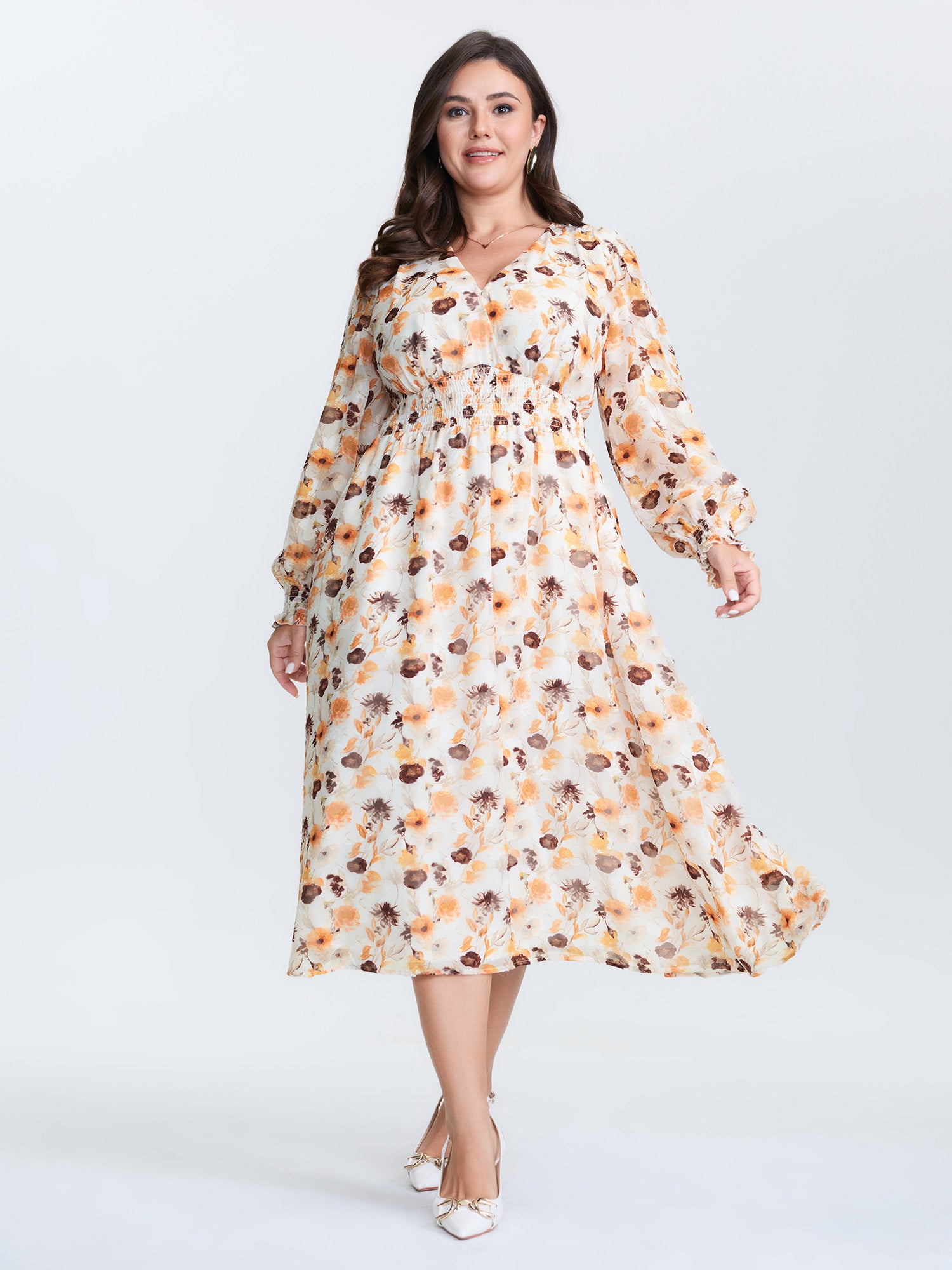 Chiffon Floral Print Shirred Waist Midi Dress