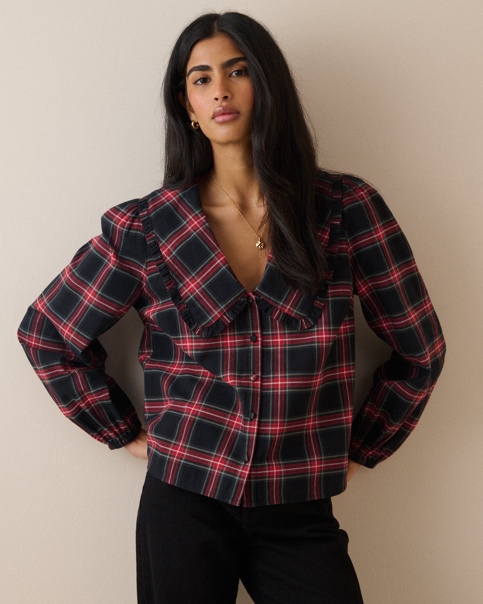 Red Tartan Cord Oversized Collar Blouse