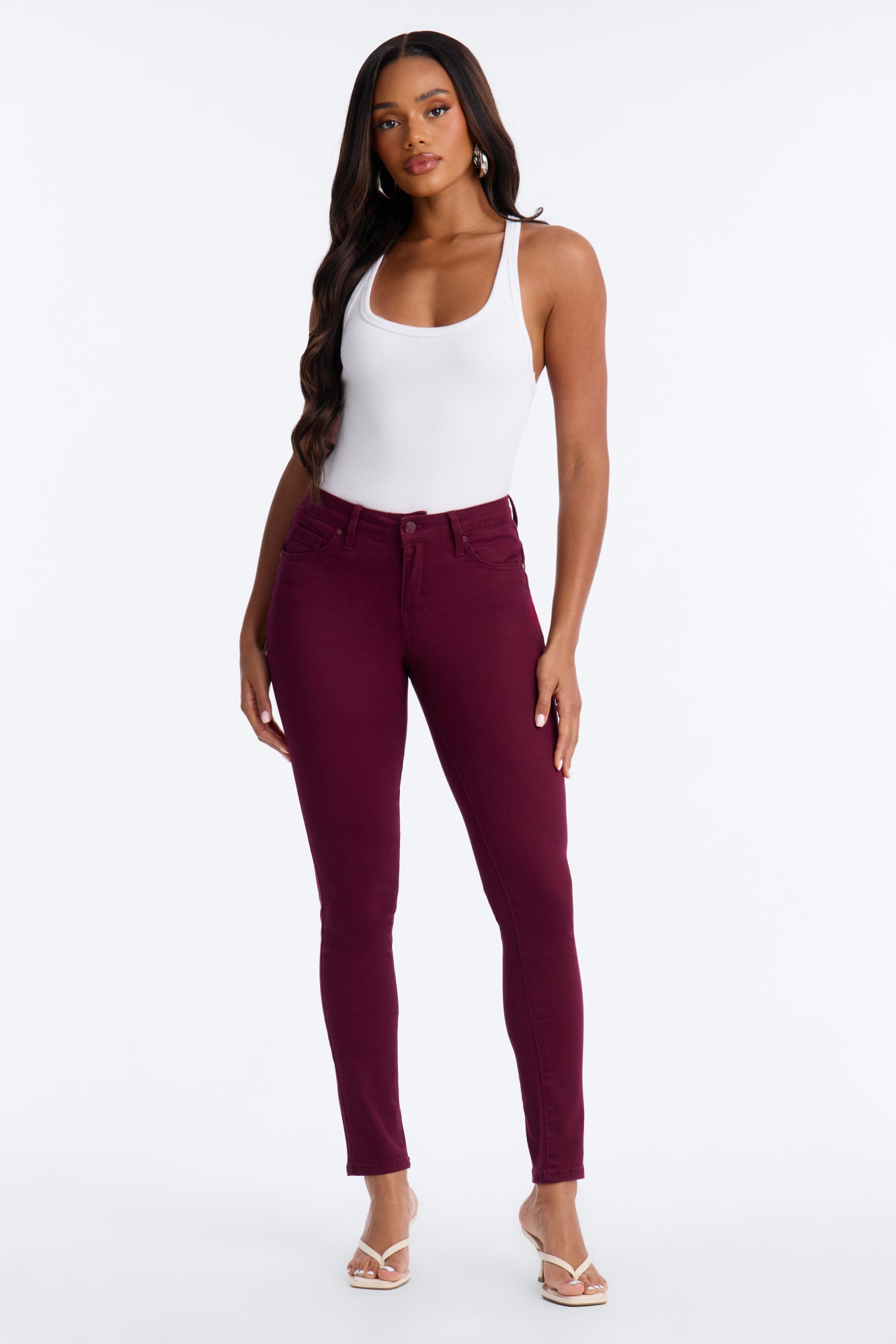 Serving You Body Low Rise Stretch Booty Lifter Skinny Jeans - Burgundy