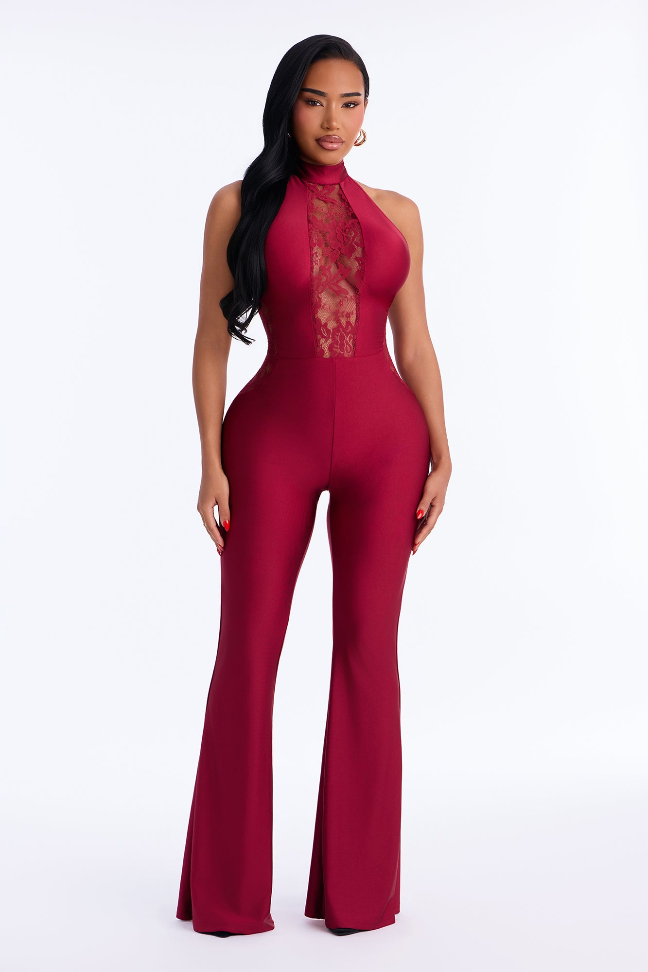 So Tempting Sleeveless Lace Trim Jumpsuit - Burgundy