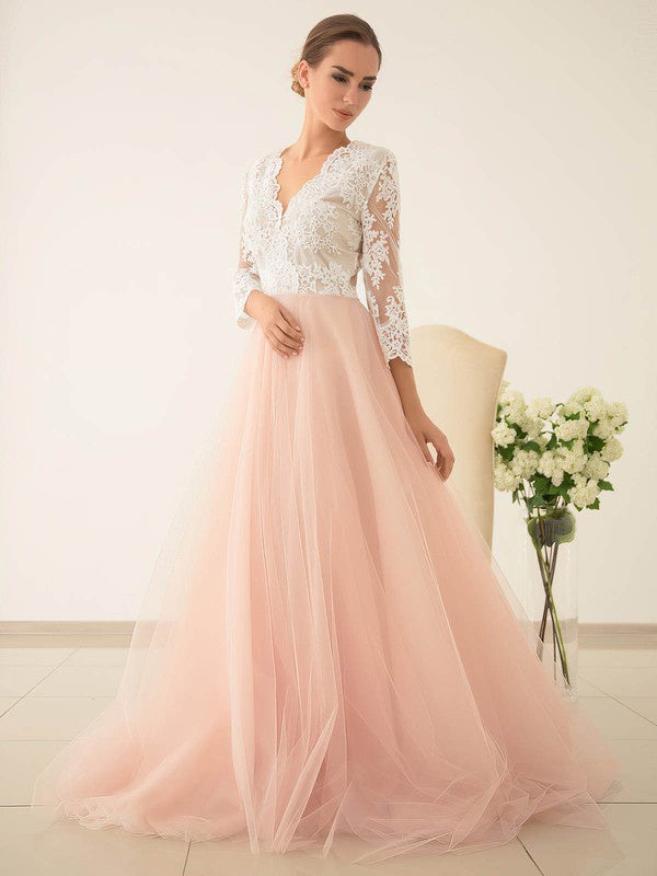 Stylish V-Neck 3/4 Long Sleeves Tulle A-Line Lace Wedding Dresses with Sweep Train