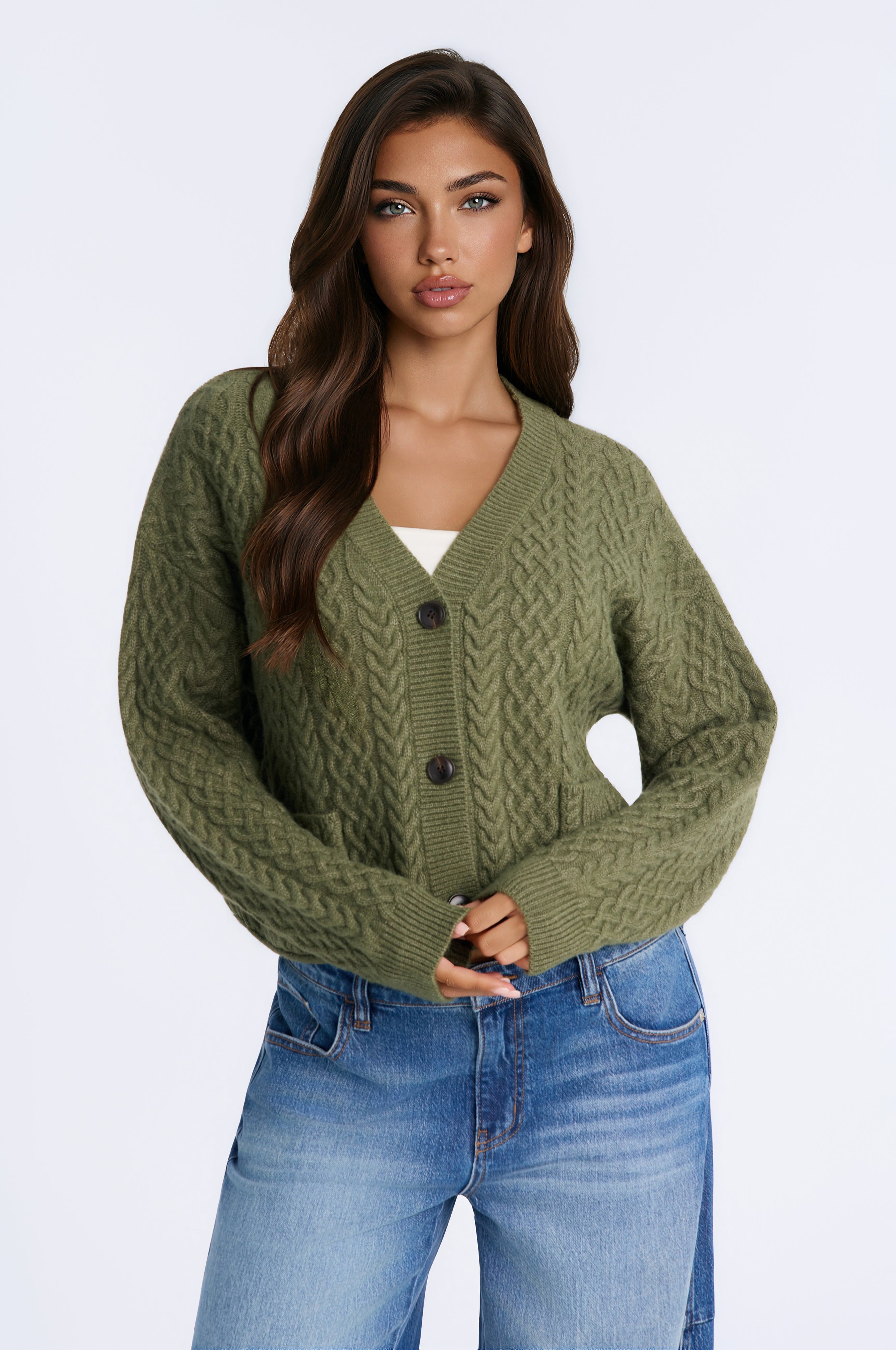 Penelope Cable Knit Cardigan - Olive