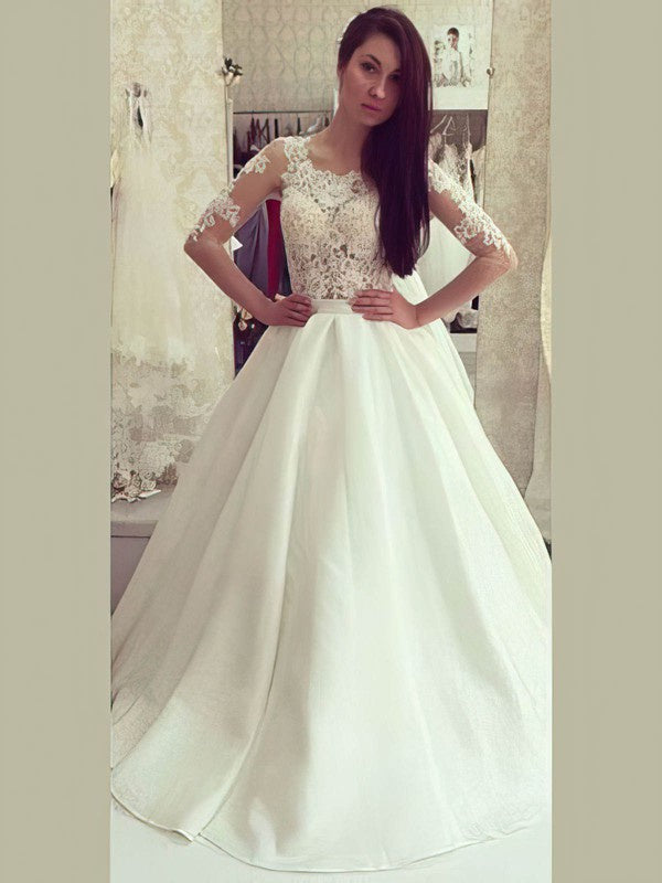 Chic Half Sleeves Lace Satin Ball Gown Wedding Dresses with Court Train